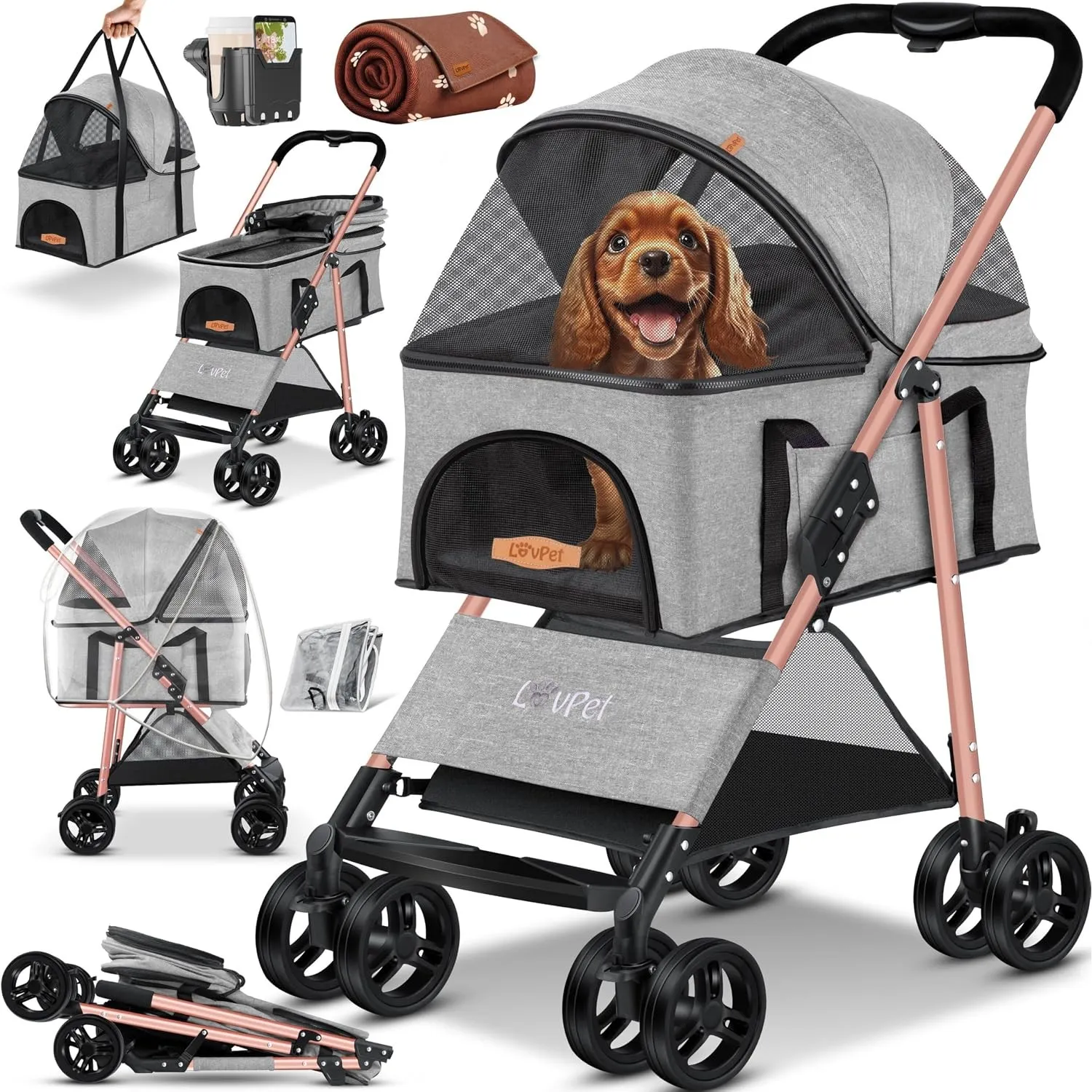 LOVPET® Hundewagen 2in1 Hundebuggy Hundebox Tragetasche Faltbar klappbar bis 20kg, mit 360°Drehrädern Inkl. Netzfenster…