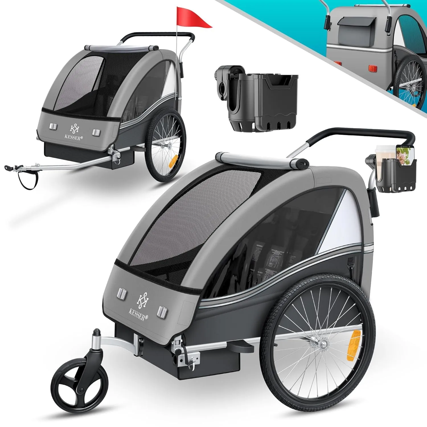 KESSER® Kinderfahrradanhänger Sport-RX 2in1 Jogger & Buggy 5-Punkt-Gurt Sicherheitsgurt 360° Vorderrad Kinderfahrradanh…