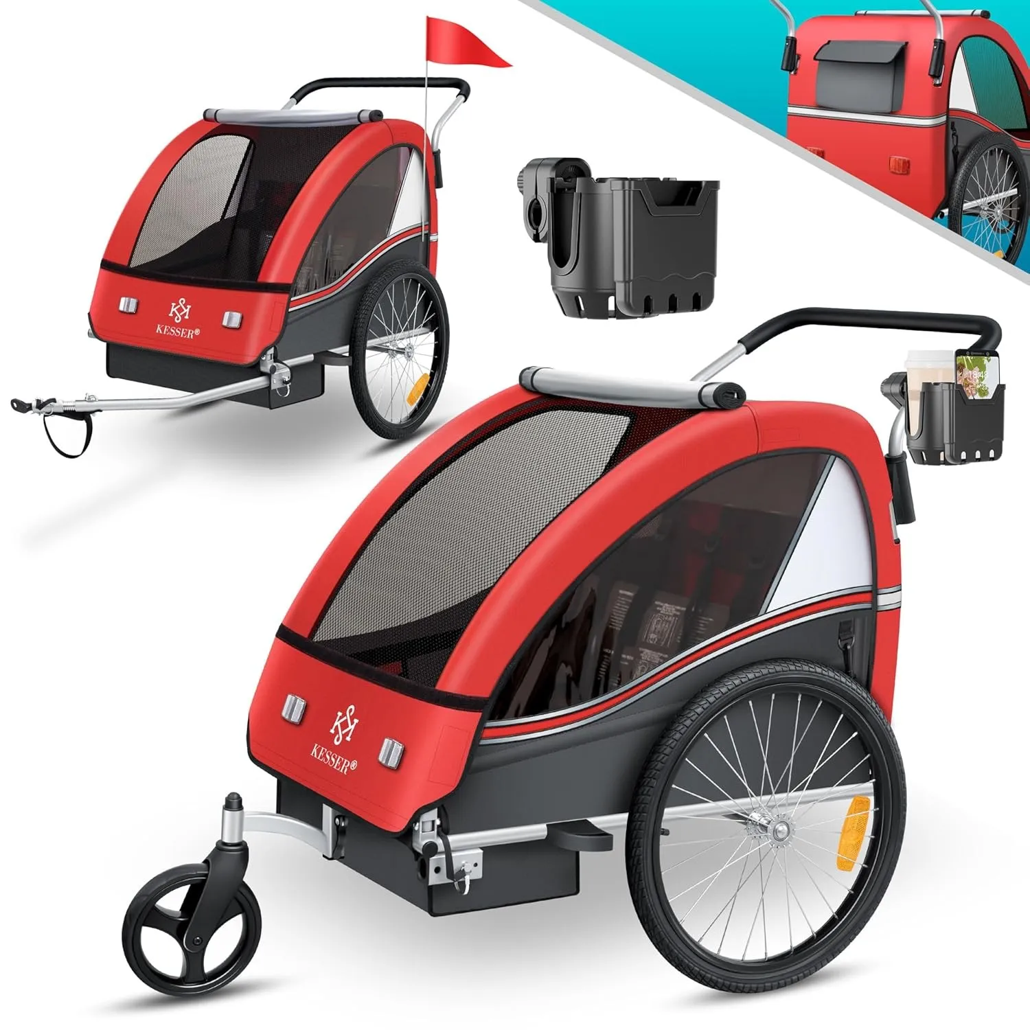 KESSER® Kinderfahrradanhänger Sport-RX 2in1 Jogger & Buggy 5-Punkt-Gurt Sicherheitsgurt 360° Vorderrad Kinderfahrradanh…