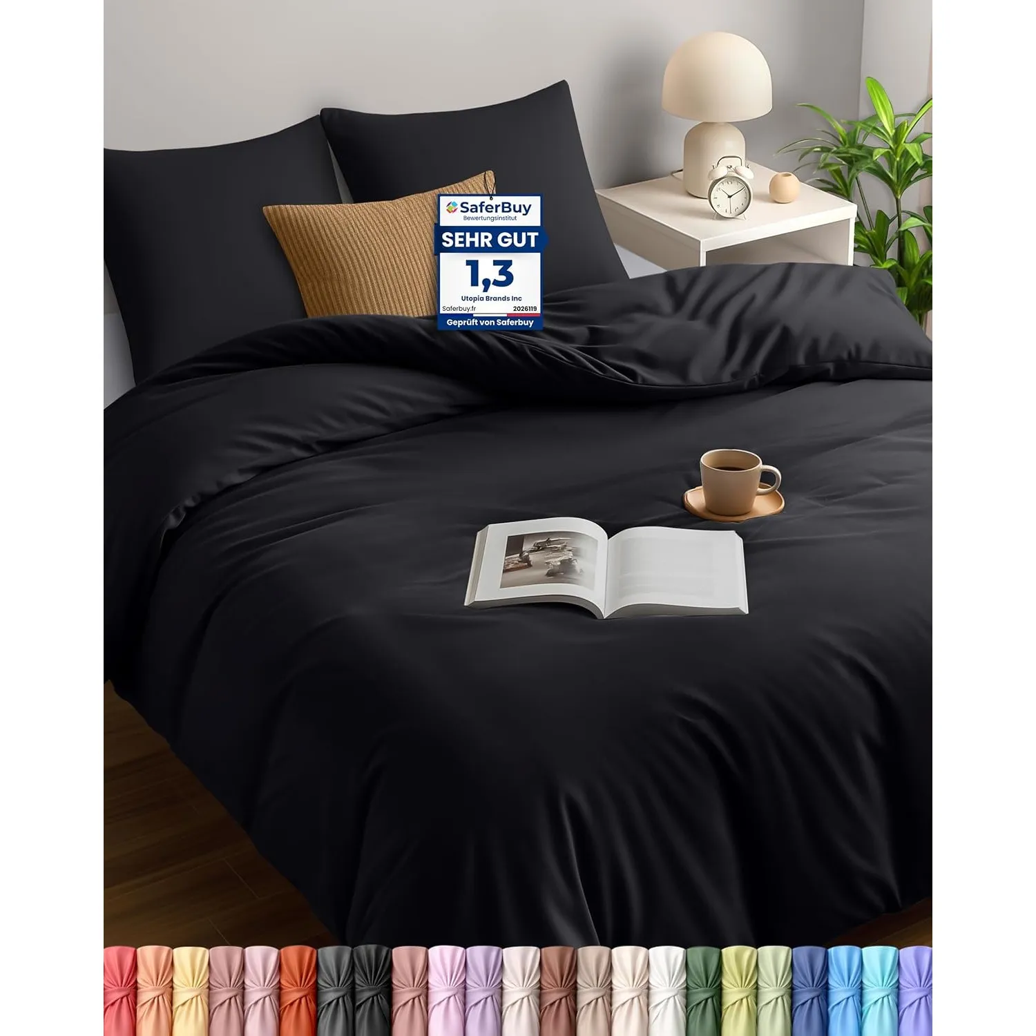 Utopia Bedding Bettwäsche 200x200 cm + 2 Kissenbezüge 80x80 cm, Schwarz