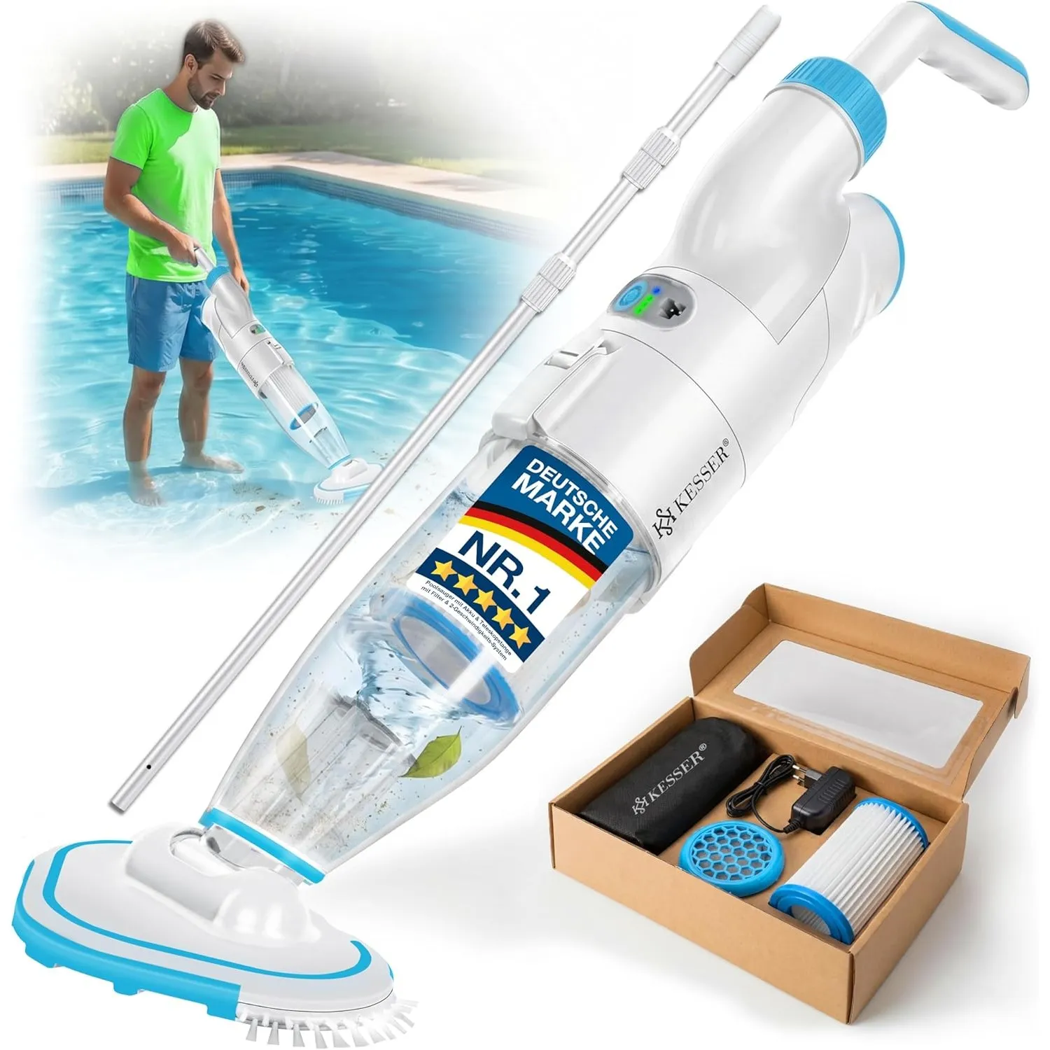 KESSER® Poolsauger mit Akku | elektrische Pool Bodensauger | Poolreiniger mit Filter & 2-Geschwindigkeits-System | Hand…
