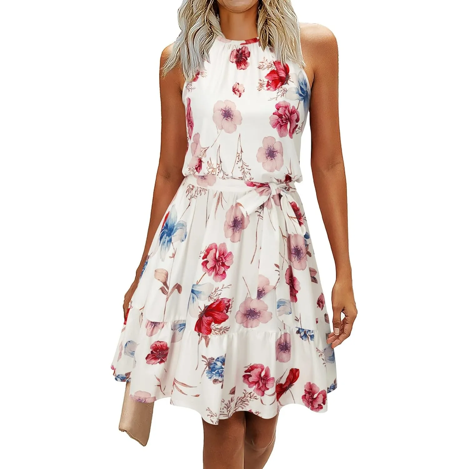 Newshows Sommerkleider Damen Knielang Elegant Kleid Blumenmuster Neckholder Rüschen Freizeitkleider mit Taschen