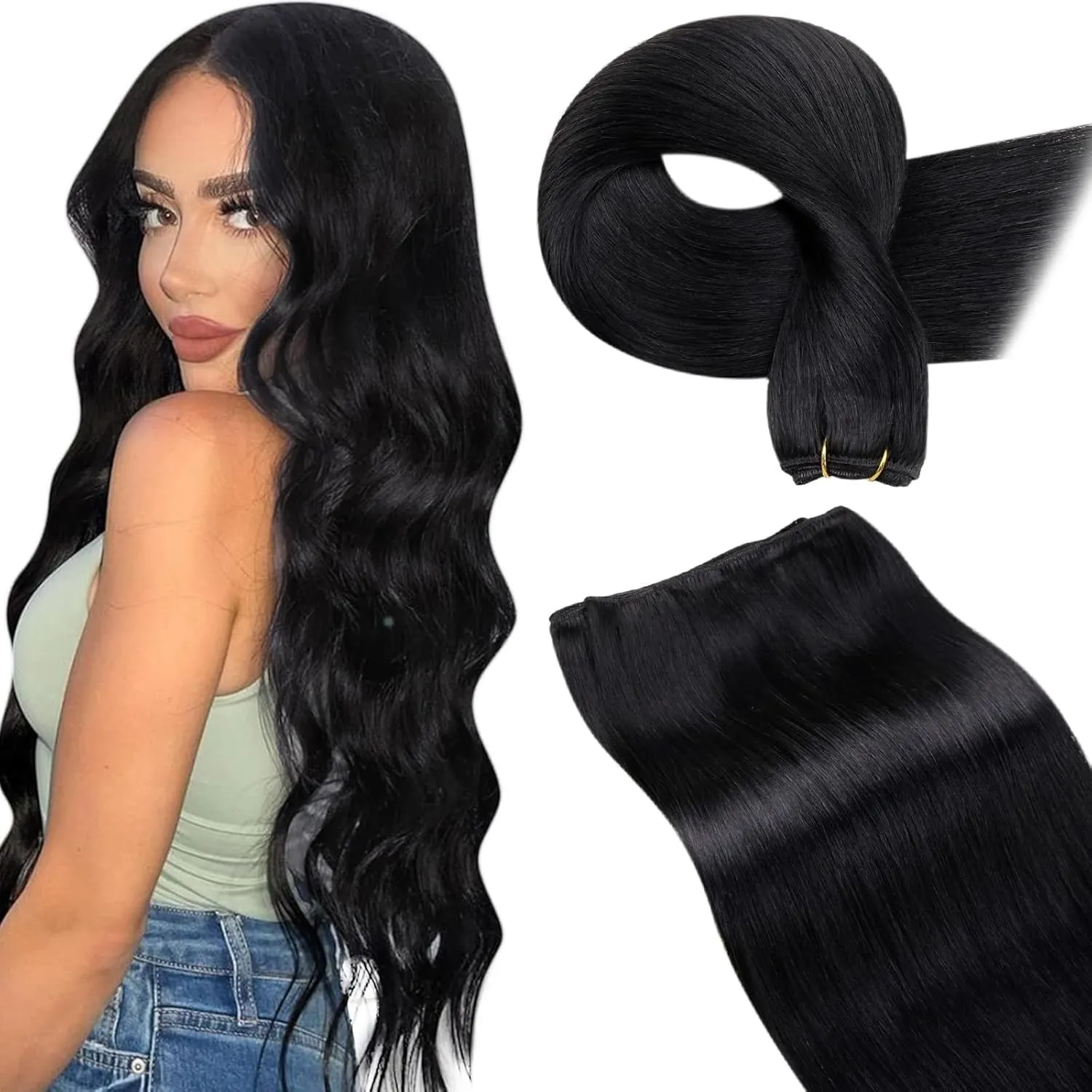 LaaVoo Echthaar Tressen 50cm Haarverlängerung Echthaar Weft Extensions Lang Sew in Weave Extensions Echthaar Doppelt Tr…