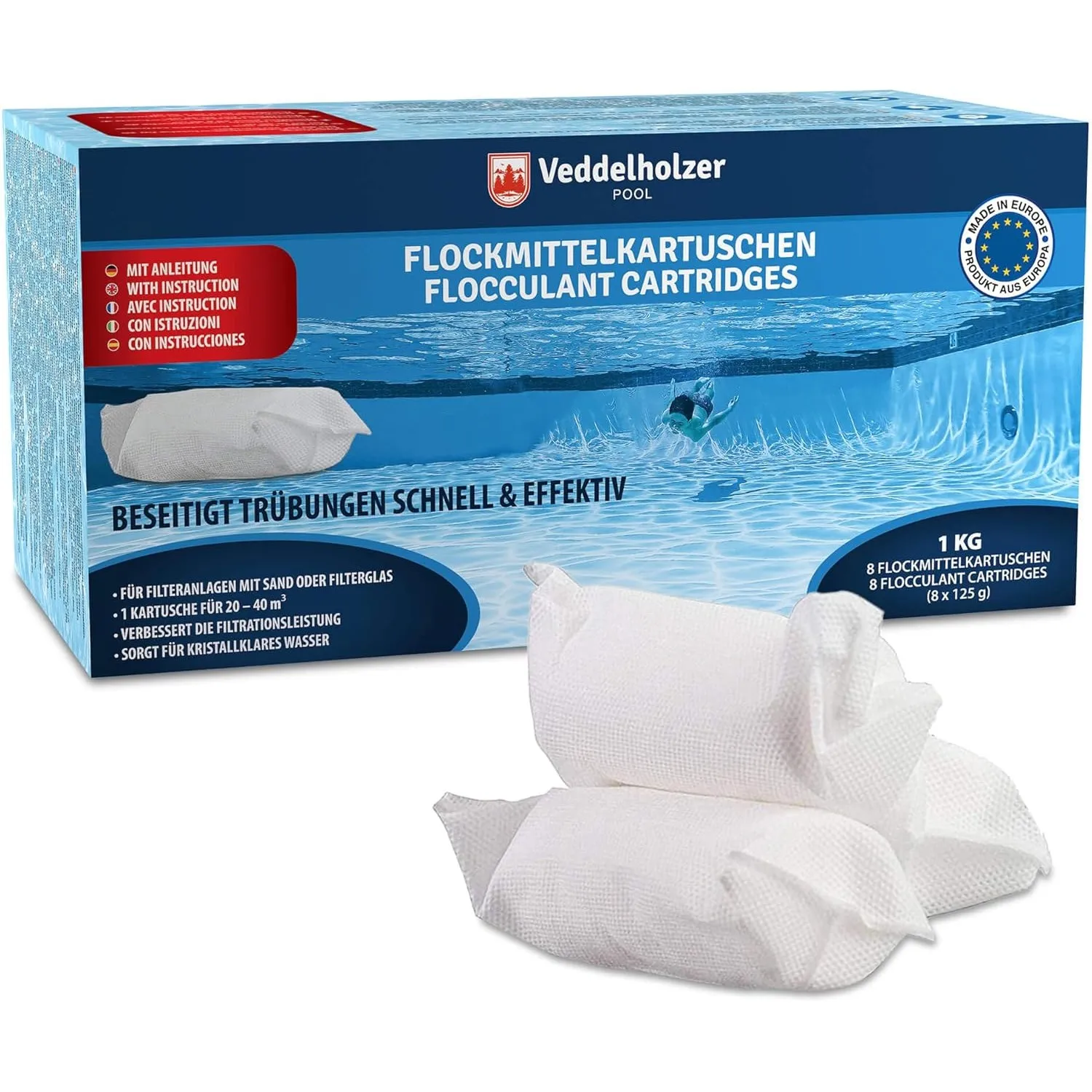 Veddelholzer 1 kg Flockmittel Pool Kartuschen 8 x 125 g für Filteranlagen Sand & Glas. Pool Flockungsmittel als Poolrei…