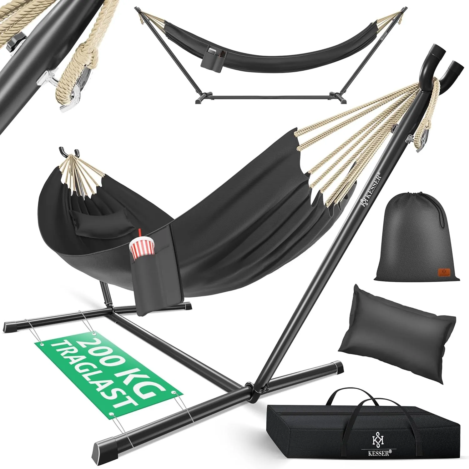 KESSER® Hängematte Lake mit Gestell, Doppel für 2 Personen, 200kg Belastbarkeit, Indoor & Outdoor, XXL Hängesessel, Gar…