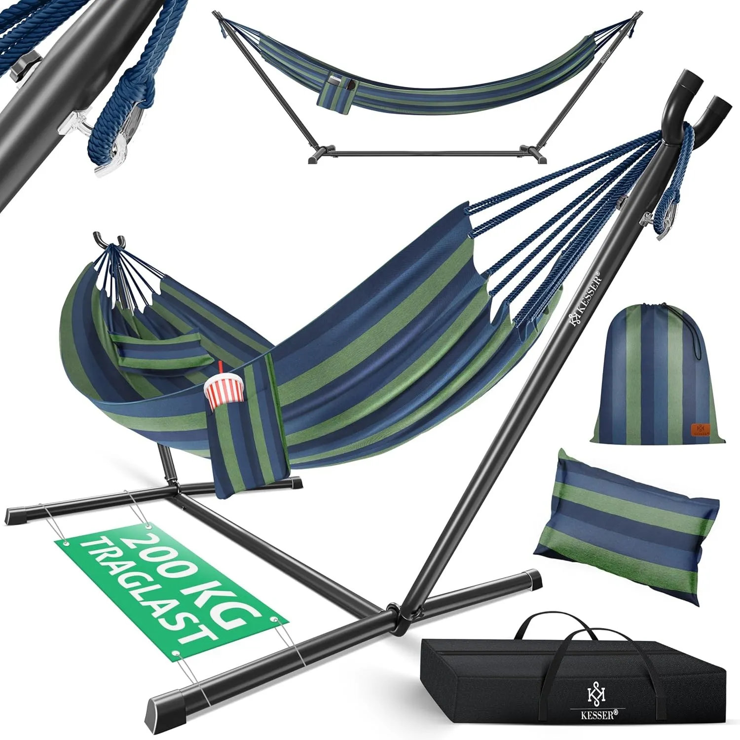 KESSER® Hängematte Lake mit Gestell, Doppel für 2 Personen, 200kg Belastbarkeit, Indoor & Outdoor, XXL Hängesessel, Gar…