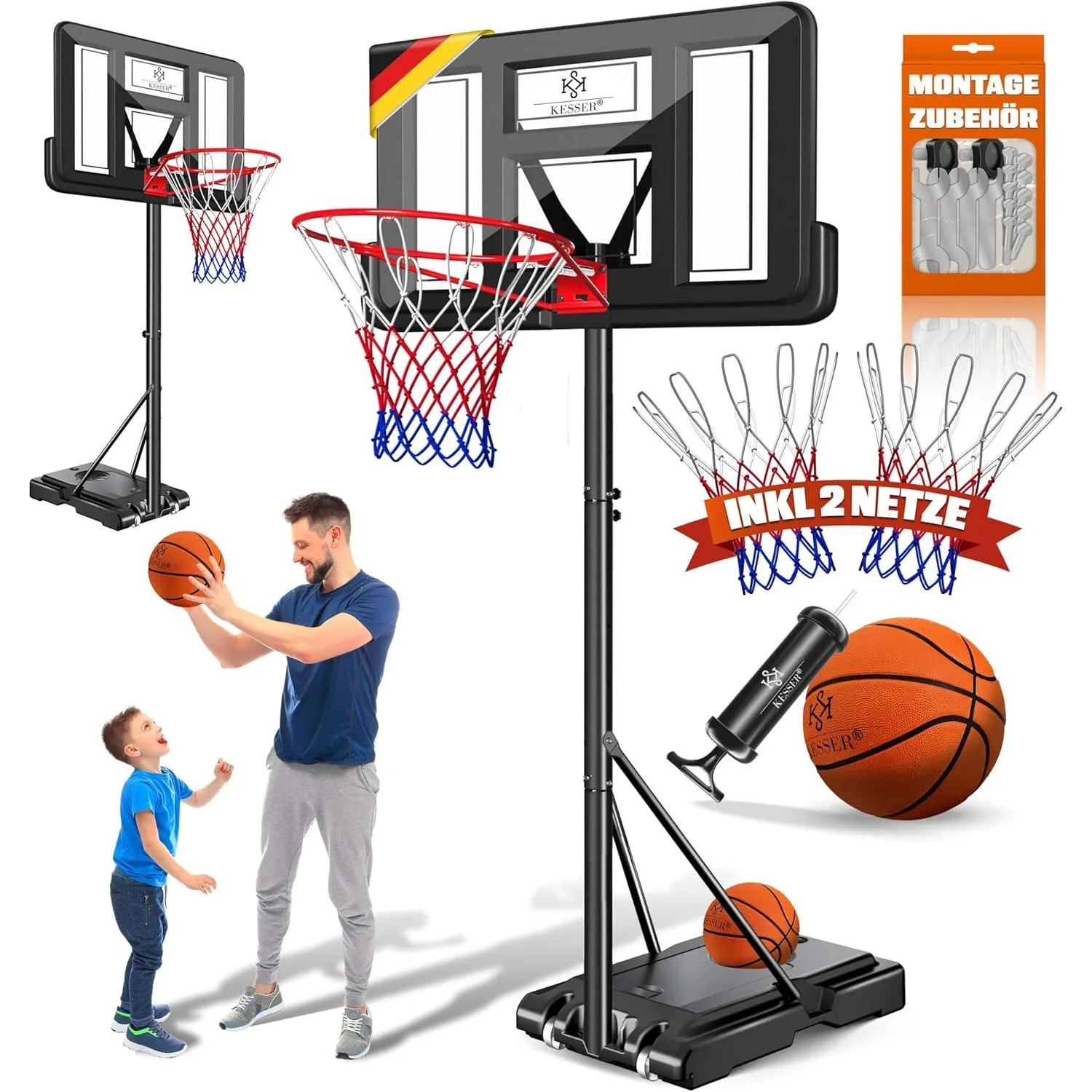 KESSER® Basketballkorb Set höhenverstellbar Mobiler Basketballständer mit Rollen, Backboard, Basketball, Pumpe & 2 Netz…