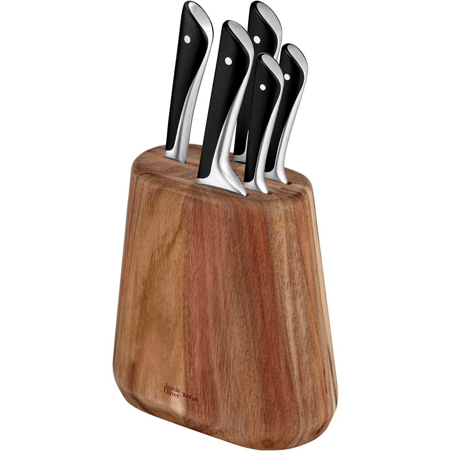 Jamie Oliver by Tefal 5-teiliges Küchenmesser-Set + Block, Koch-/Santoku-/Brot-/Universal-/Schälmesser, eisgehärtet, de…