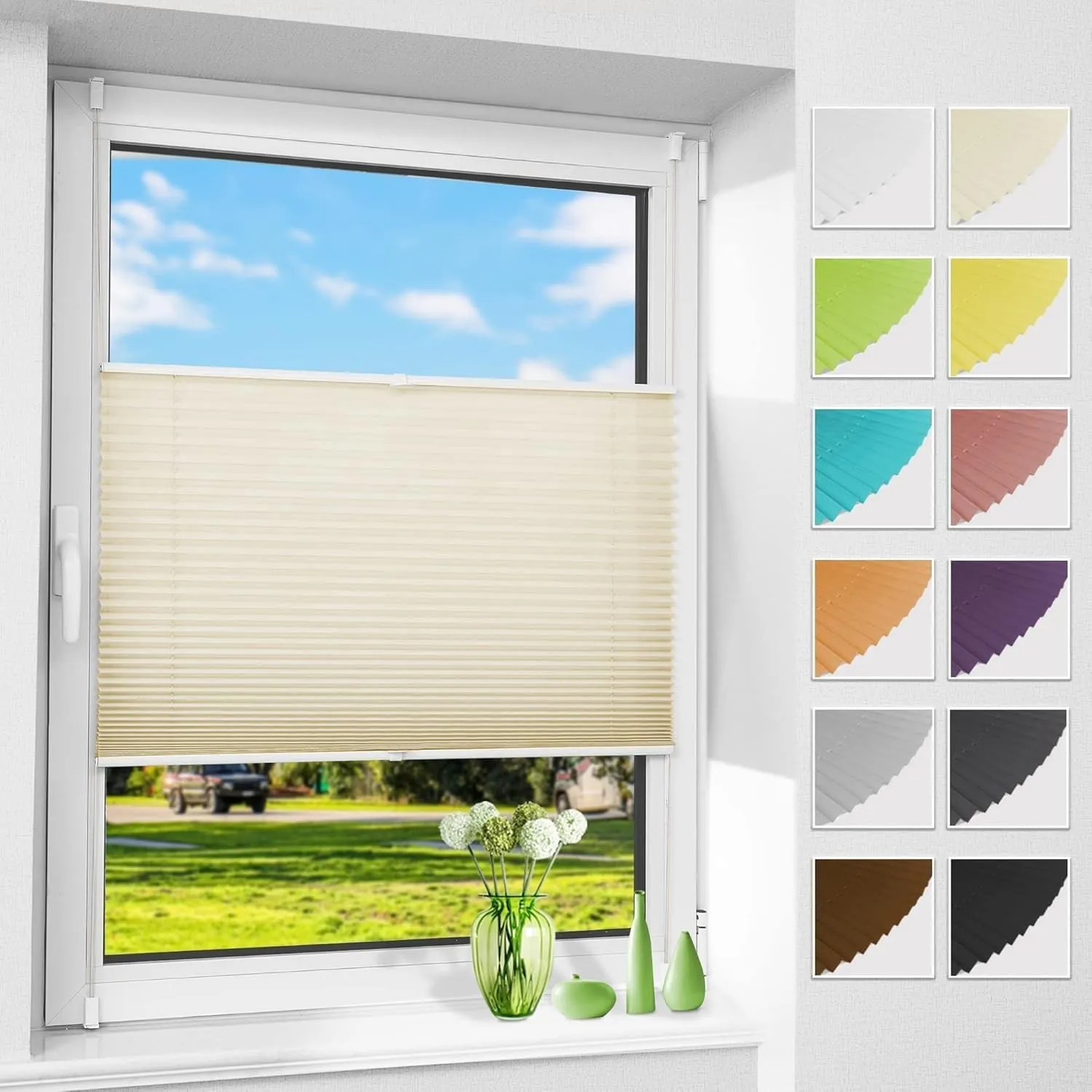 Allesin Plissee ohne Bohren Plissees Klemmfix Beige 100x110cm(BxH), Plisseerollo Faltrollo mit Klemmträger, Jalousie Ro…