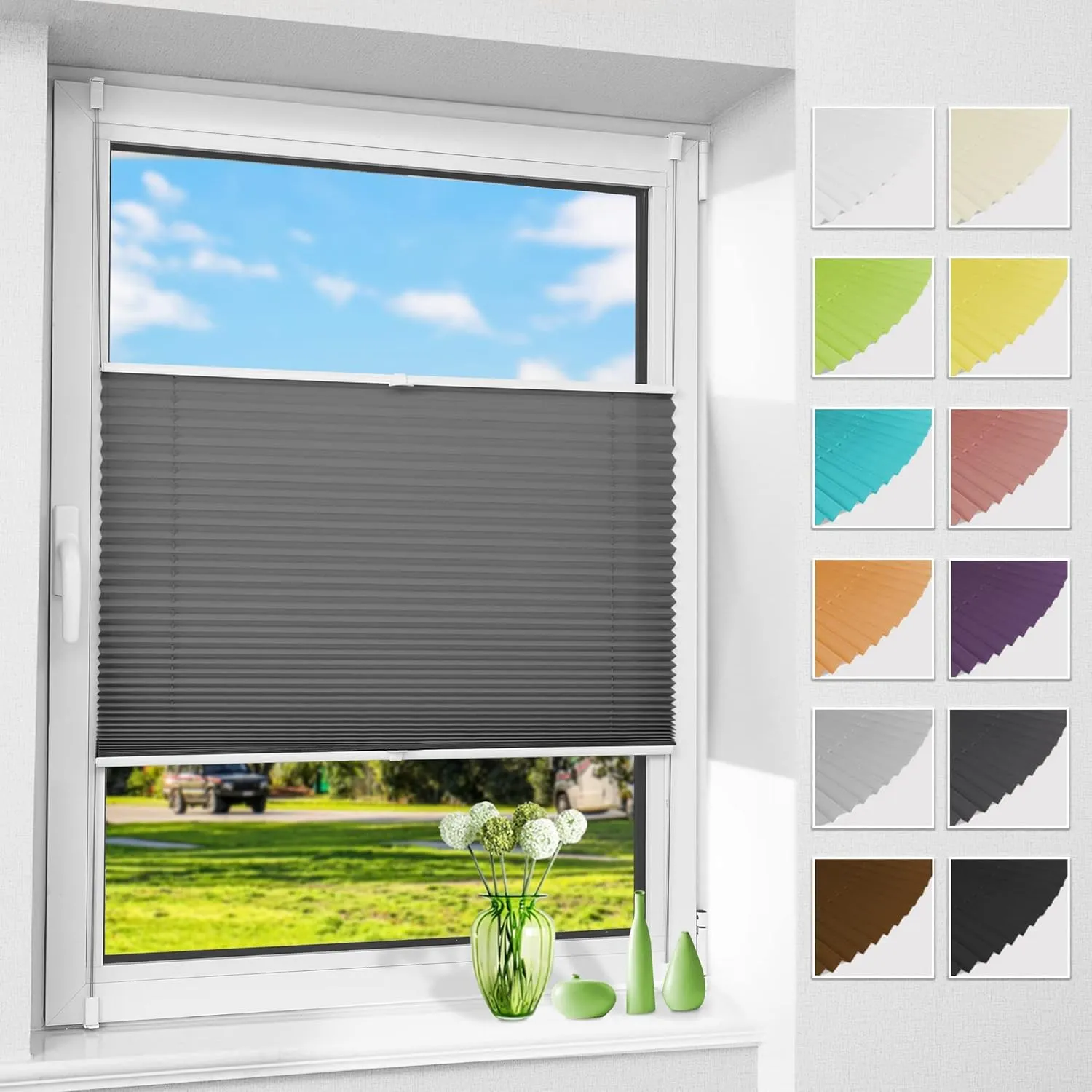 Allesin Klemmfix Pleated Blind, No Drilling Required, Anthracite 85 x 80 cm (W x H), Pleated Blind Folding Roller Blind…