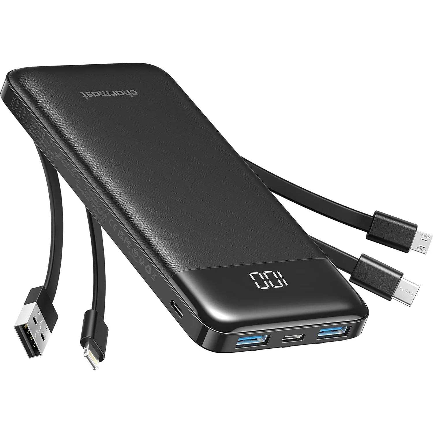 Charmast Power Bank, Slim 10000mAh Powerbank mit 4 Kabel & 6 Ausgängen