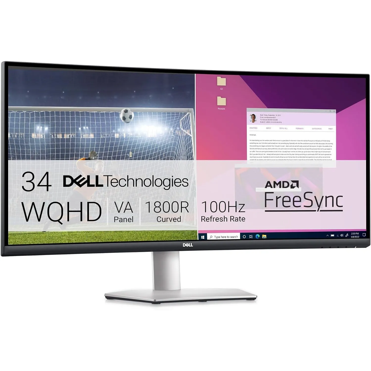 Dell S3423DWC USB-C 34 Zoll WQHD (3440x1440) 21:9 1800R Curved Monitor, 100Hz, VA, 4ms, AMD FreeSync, 99% sRGB, Eingeba…