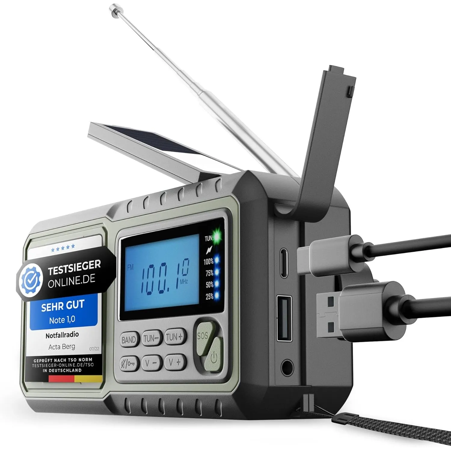 Acta Berg Kurbelradio, Notfallradio mit 5.000 mAh Akku (Armee Grün)