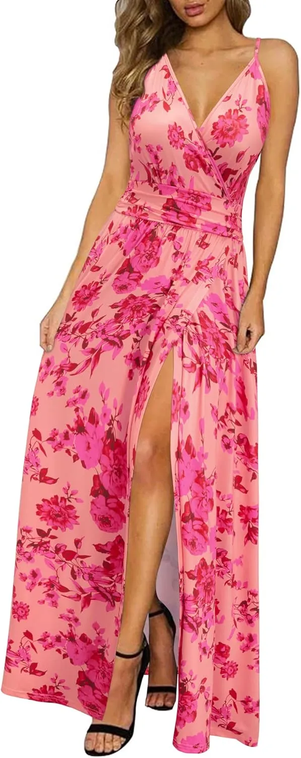 Newshows Women’s Summer Dress, Long Maxi Dress, Summer V-Neck Dress, Slit, Elegant, Spaghetti Straps, Casual Dress, for…