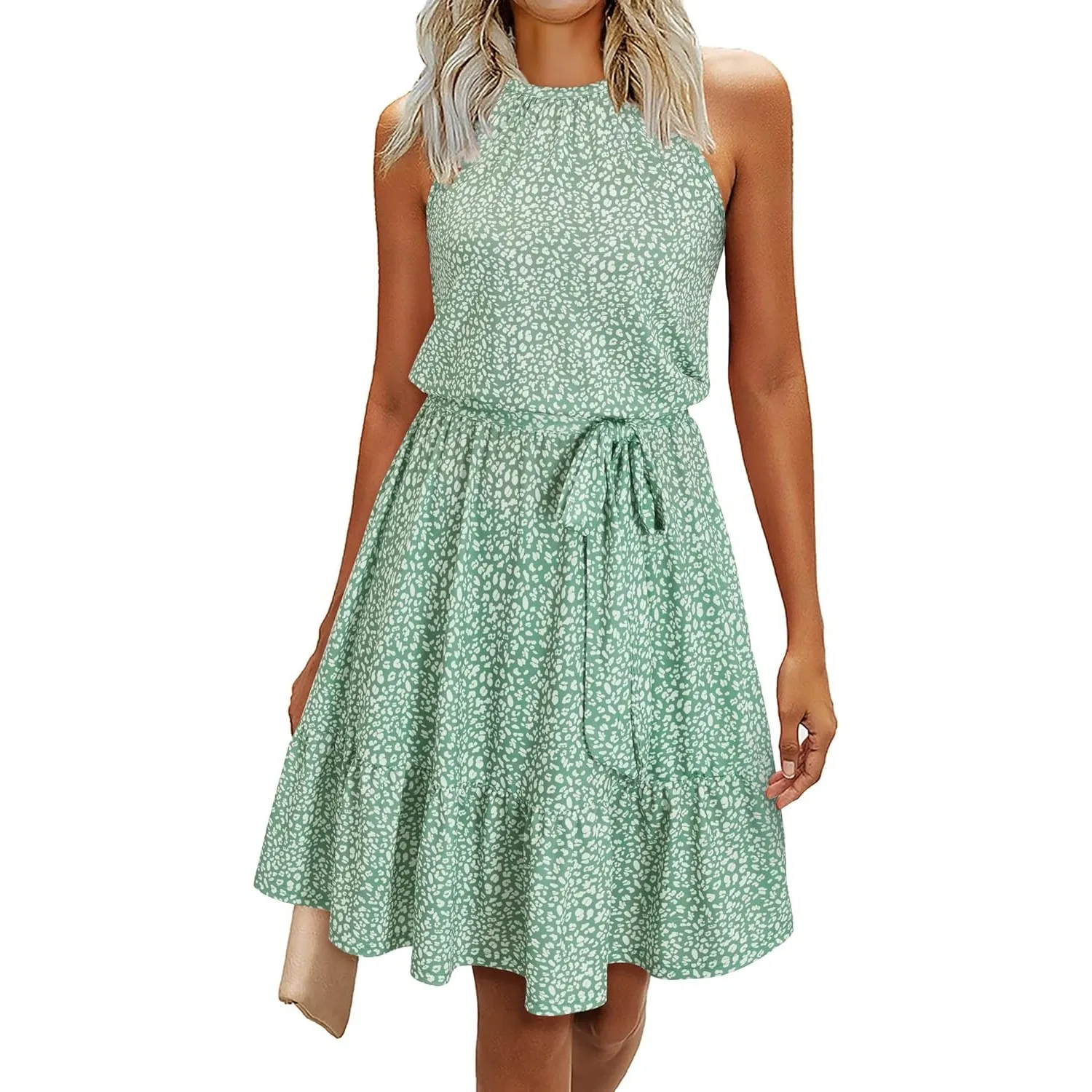 Newshows Sommerkleider Damen Knielang Elegant Kleid Blumenmuster Neckholder Rüschen Freizeitkleider mit Taschen