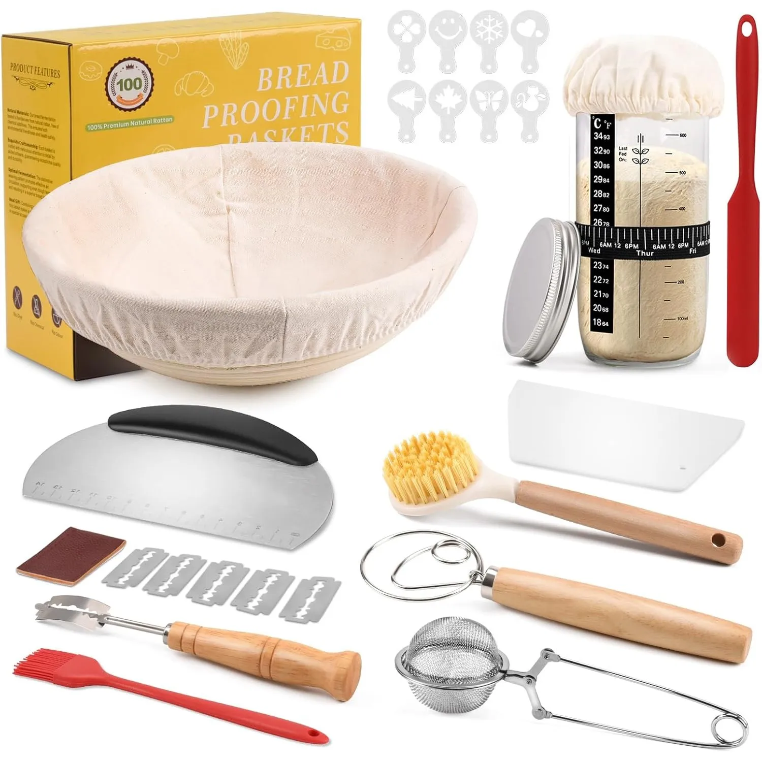 Sauerteig Starter Set, 11-teilig Gärkorb Brot, Gärkörbchen Rund 23cm, Komplettset Brot Backen Zubehör, Brotbacken Start…