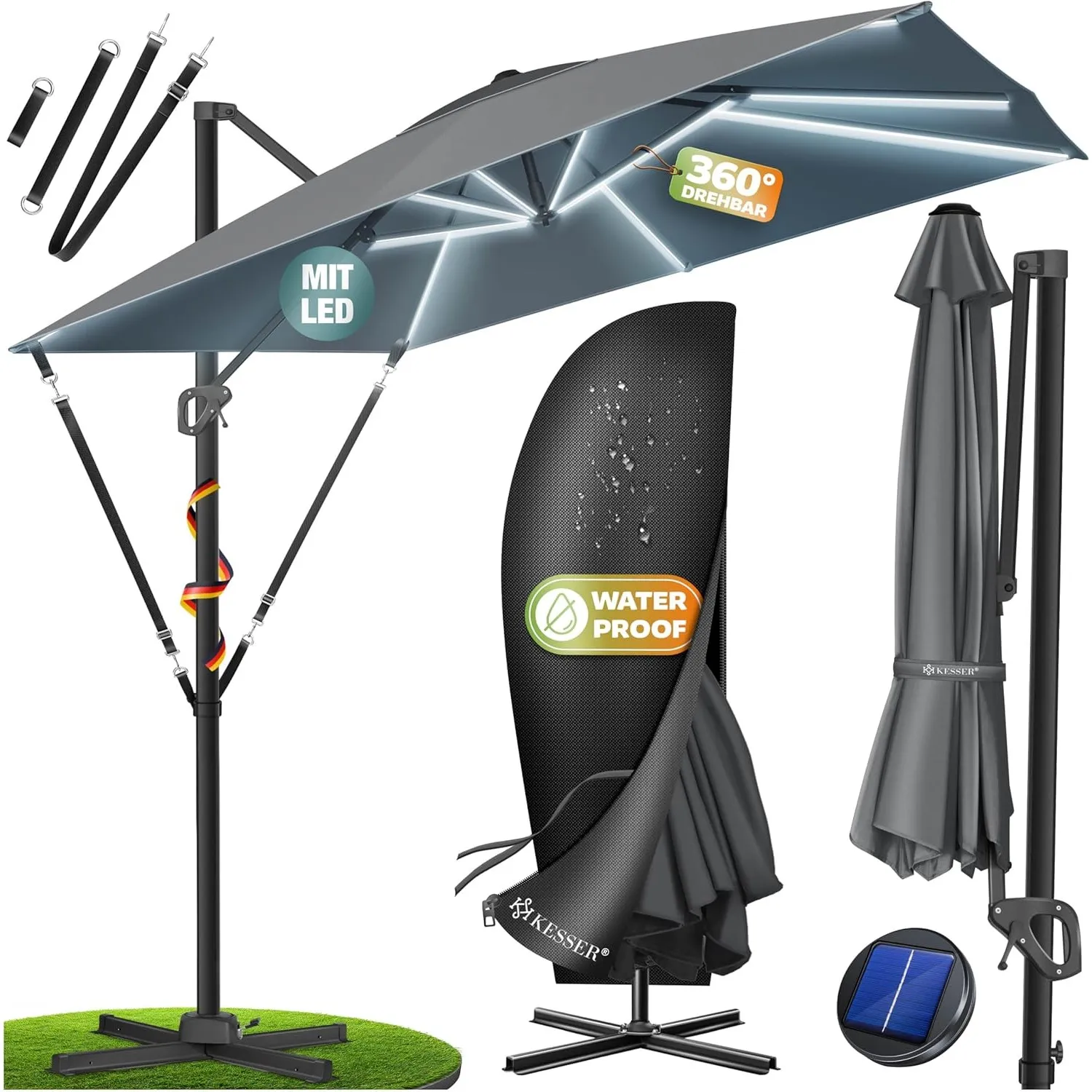 KESSER® Sonnenschirm Ampelschirm SUN XL 300 x 300 cm Inkl. Abdeckung + Windsicherung Drehbar Neigbar Kippbar Marktschir…