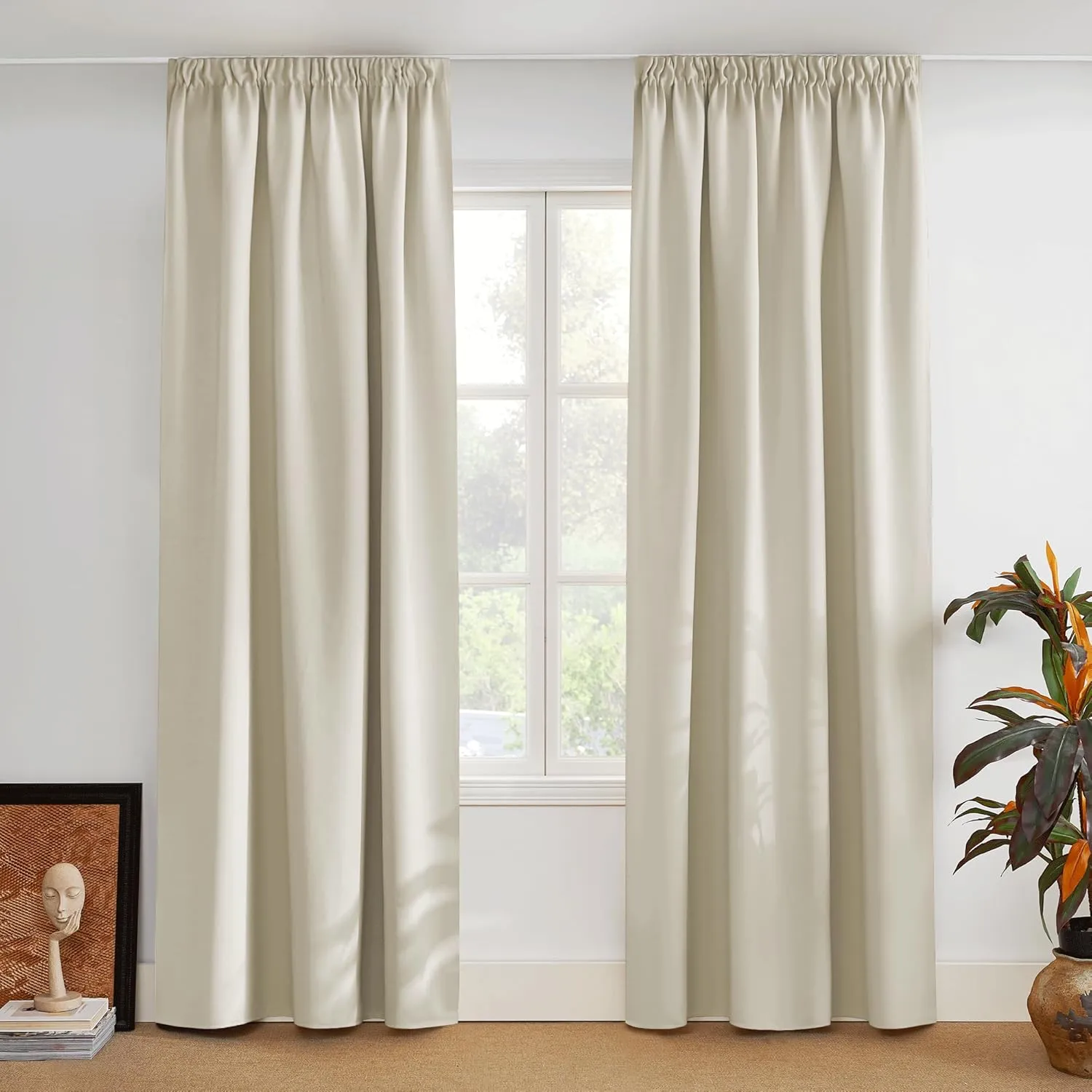 PONY DANCE Blackout Curtains, Beige, Opaque Curtains with Ruffle Tape, 2 Pieces, H 220 x W 140 cm, Living Room Curtains…