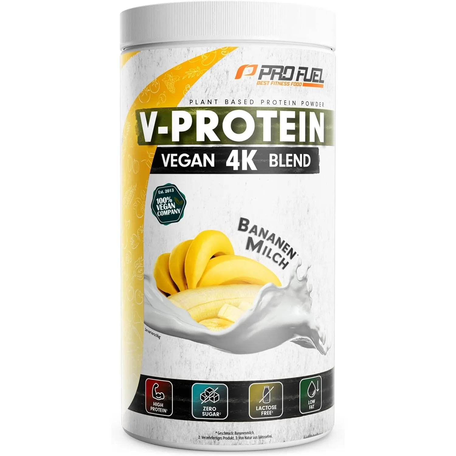 Vegan Protein Pulver BANANE 750g – V-PROTEIN 4K Blend - Unglaublich lecker & cremig - Aus Sonnenblumen, Soja, Hanfsamen…