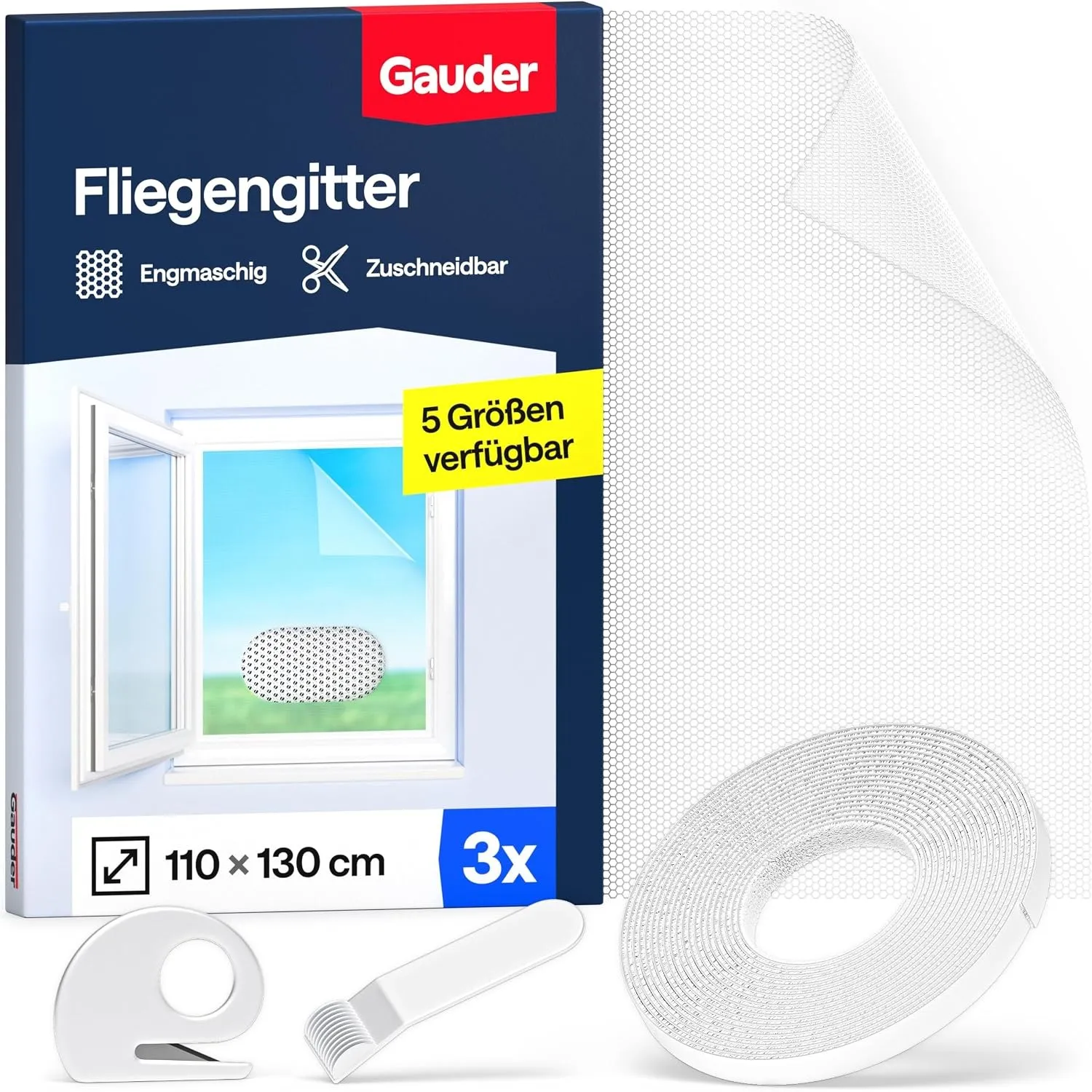 GAUDER Fliegengitter Fenster, Insektenschutz ohne Bohren (3 Stk, 110x130cm)