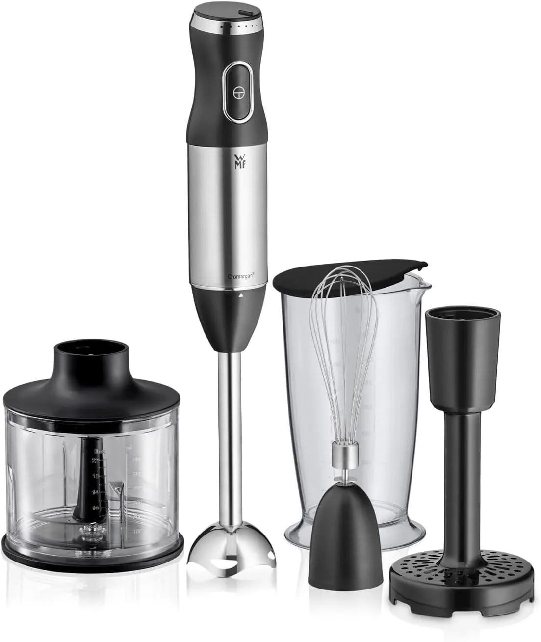 WMF Kult X Stabmixer Set 5-teilig – Edelstahl Pürierstab 600 W mit Schneebesen, Stampfer, Zerkleinerer und 700 ml Mixbe…