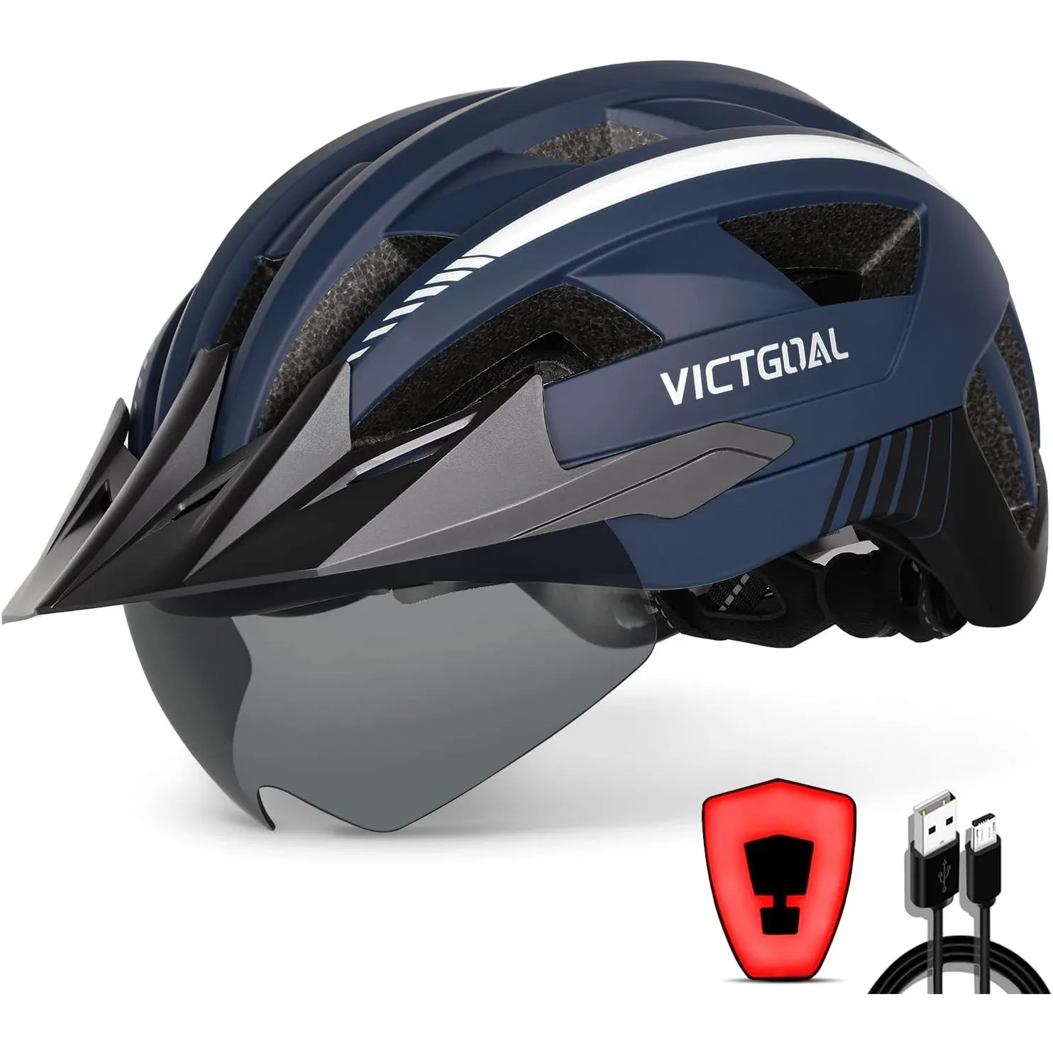 VICTGOAL Fahrradhelm Herren Damen mit Visier, USB Rücklicht, Magnetbrille | Aufladbares Rücklicht, Abnehmbares Visier, …