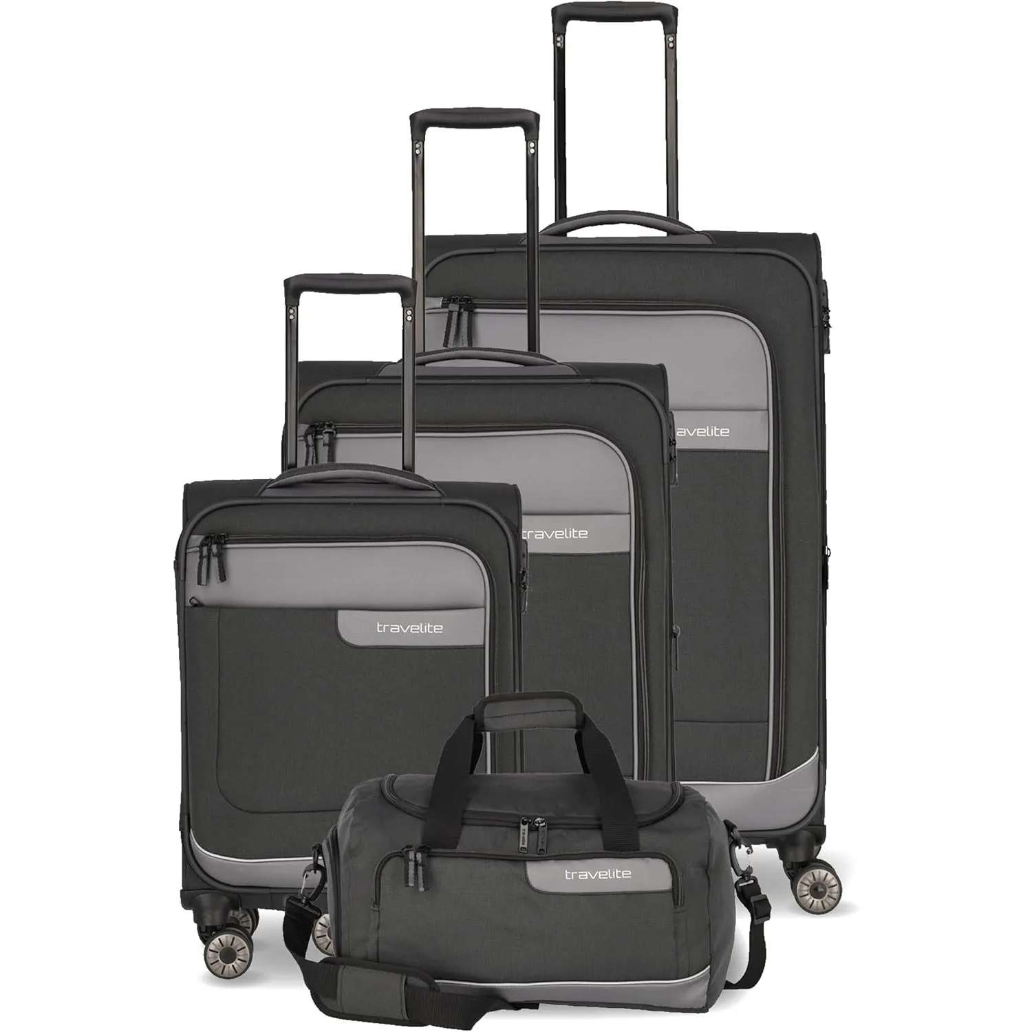 Travelite 4-Rad Koffer Set Weichschale aus recyceltem Material, Größen L/M/S + Reisetasche, Gepäck Serie VIIA: Trolley …