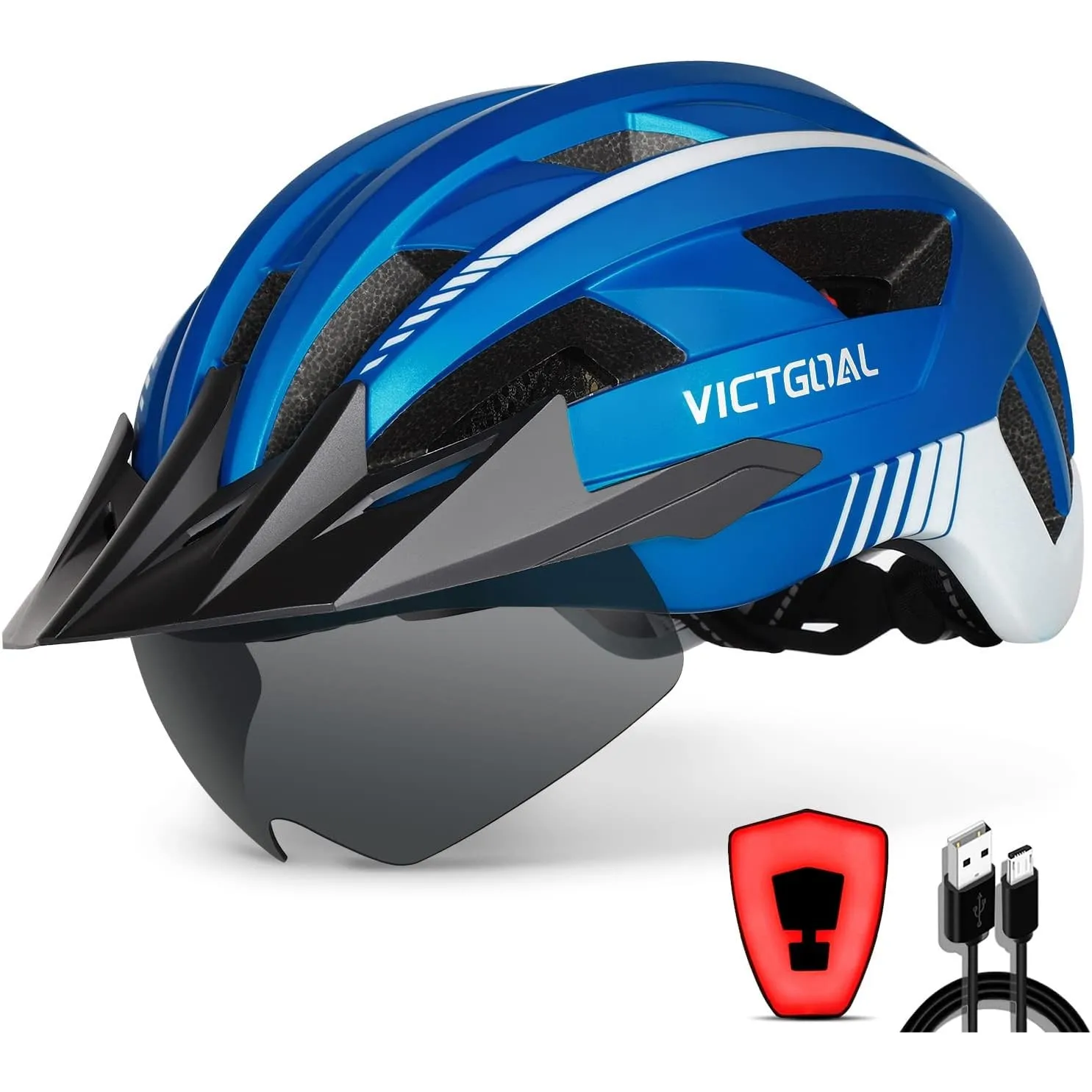 VICTGOAL Fahrradhelm Herren Damen mit Visier, USB Rücklicht, Magnetbrille | Aufladbares Rücklicht, Abnehmbares Visier, …