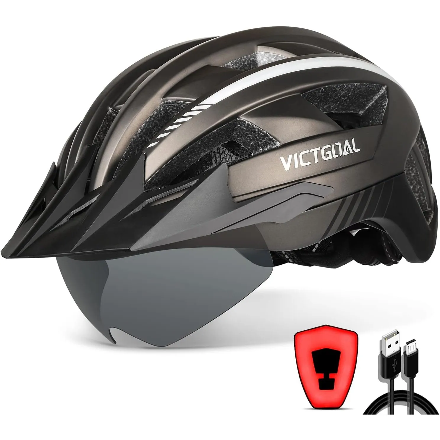 VICTGOAL Fahrradhelm Herren Damen mit Visier, USB Rücklicht, Magnetbrille | Aufladbares Rücklicht, Abnehmbares Visier, …