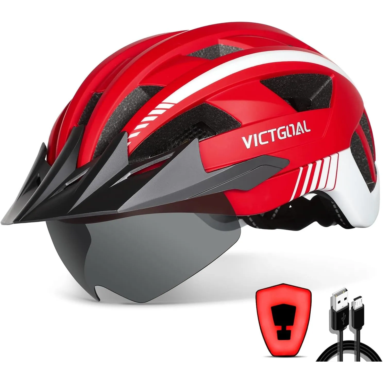 VICTGOAL Fahrradhelm Herren Damen mit Visier, USB Rücklicht, Magnetbrille | Aufladbares Rücklicht, Abnehmbares Visier, …