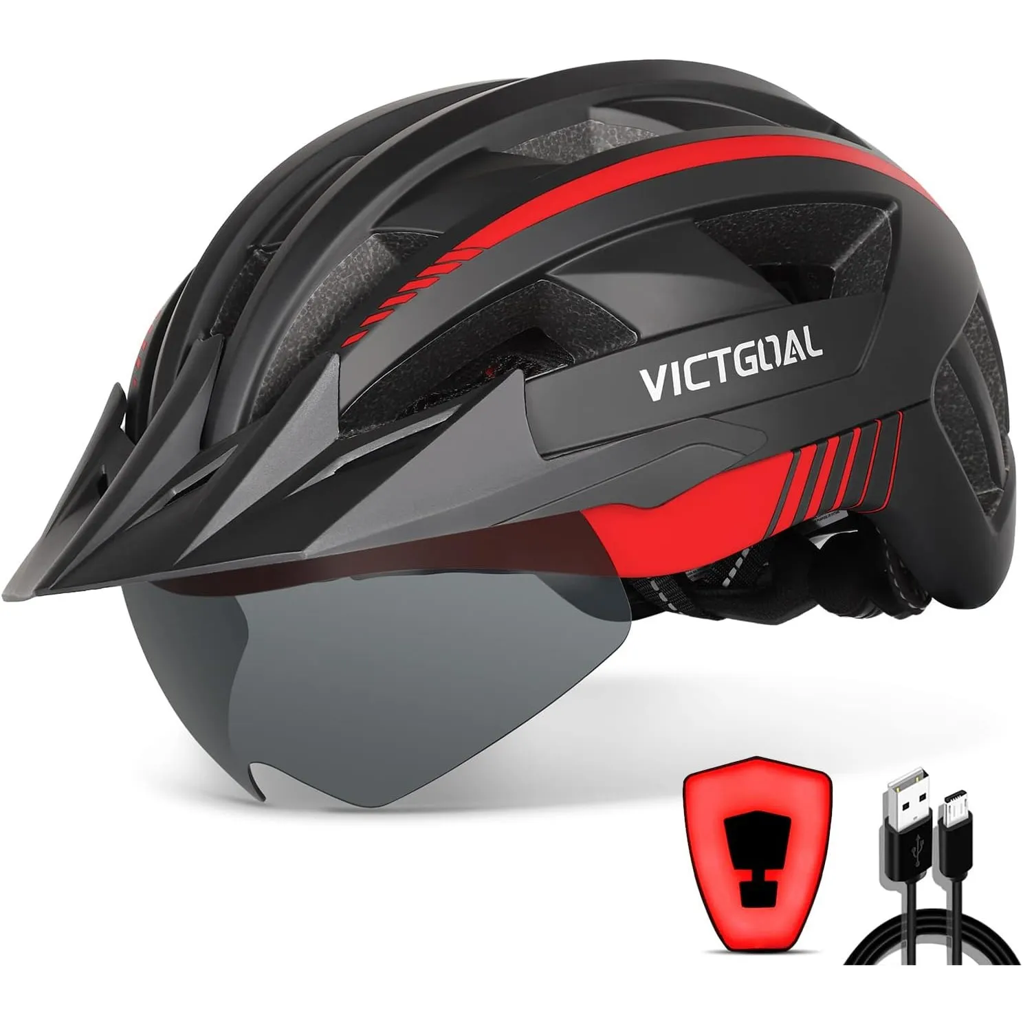 VICTGOAL Fahrradhelm Herren Damen mit Visier, USB Rücklicht, Magnetbrille