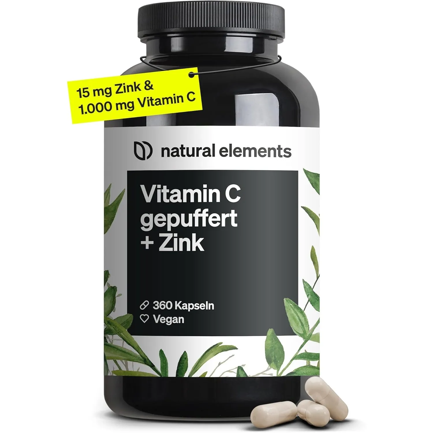 natural elements Vitamin C - 360 Kapseln - Hochdosiert mit 1000mg + 15mg Zink - Pflanzlich fermentiert & gepuffert (pH-…