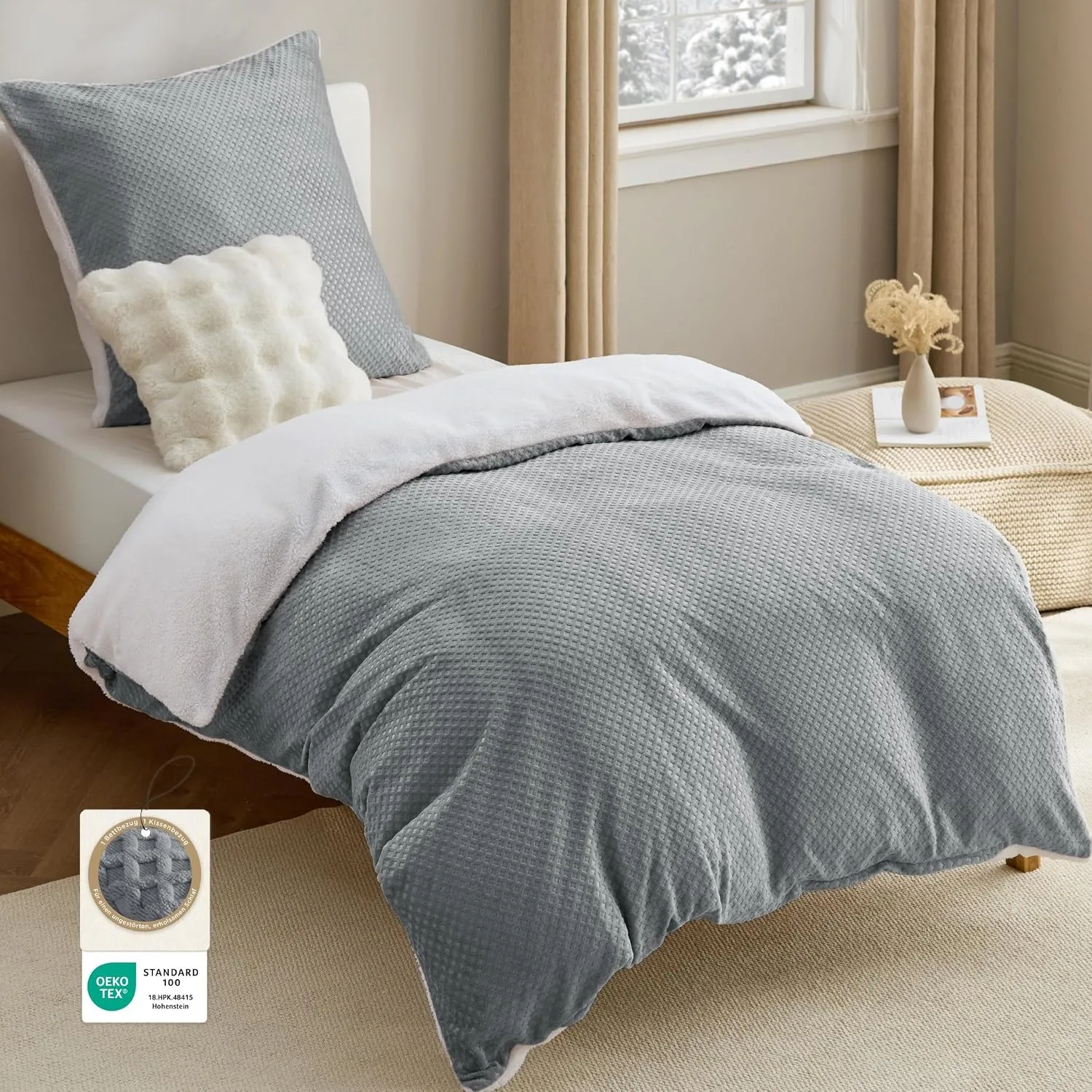 BEDSURE Flanell Bettwäsche 135x200 2tlg. - Grau Warmes Set, 80x80 Kissen