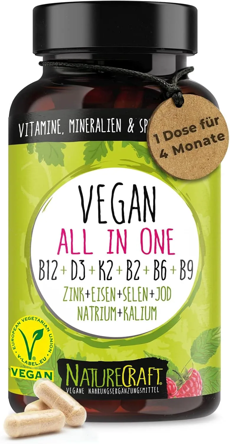 Vegan All-in-One - Vitamin B12+D3+K2+B2+B6+B9 Folsäure + Zink + Eisen + Selen + Natrium + Kalium + Jod - Komplex mit 12…
