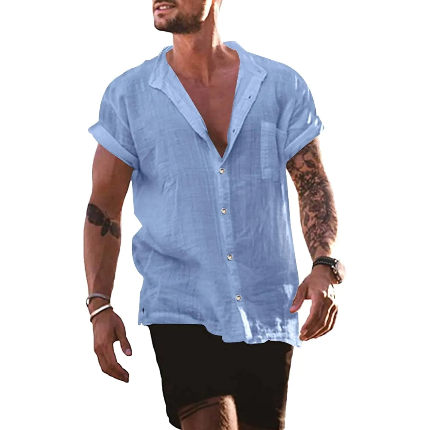 YAOBAOLE Leinenhemd Herren Kurzarm Sommer Freizeithemd Regular Fit