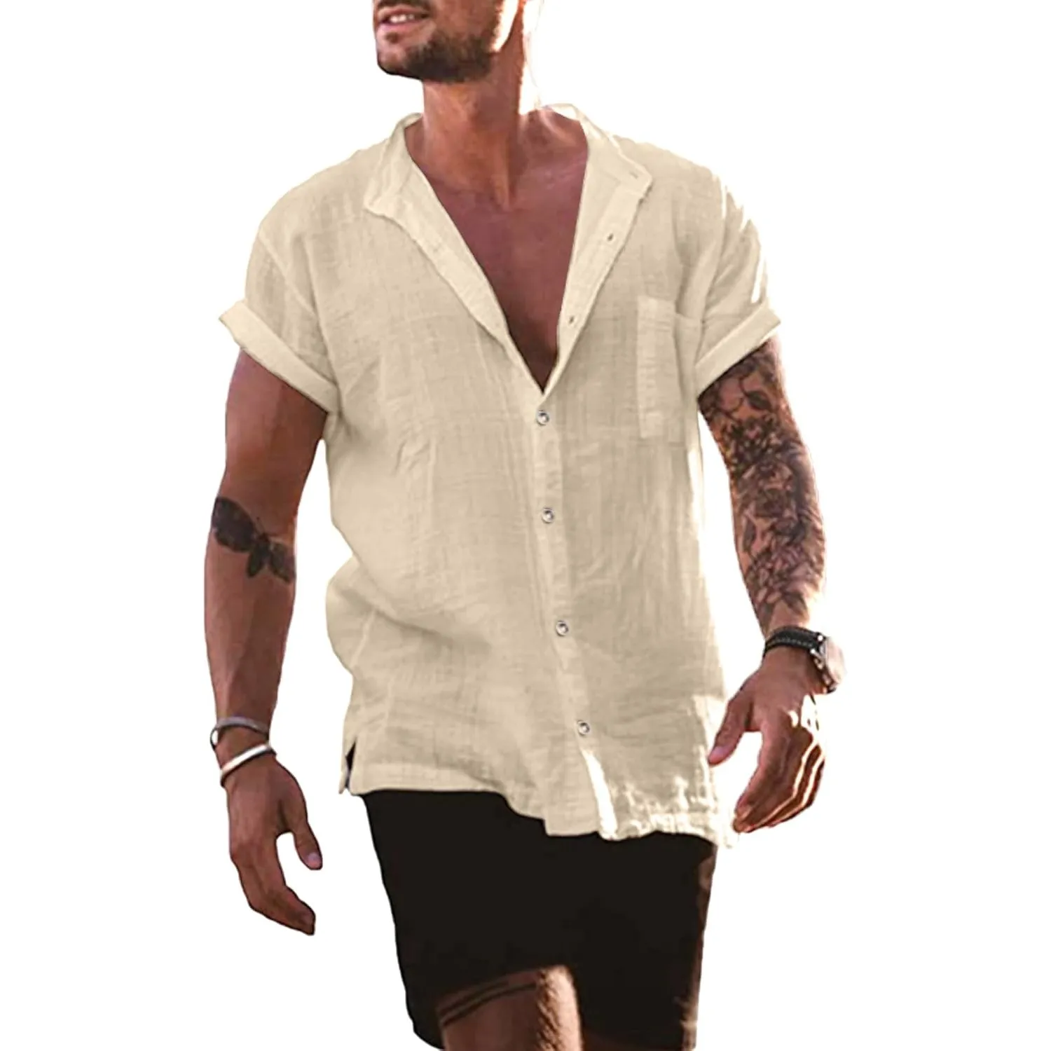 YAOBAOLE Leinenhemd Herren Kurzarm Sommer Freizeithemd Regular Fit