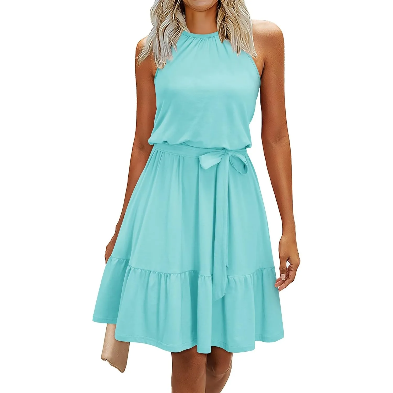 Newshows Sommerkleider Damen Knielang Elegant Kleid Blumenmuster Neckholder Rüschen Freizeitkleider mit Taschen