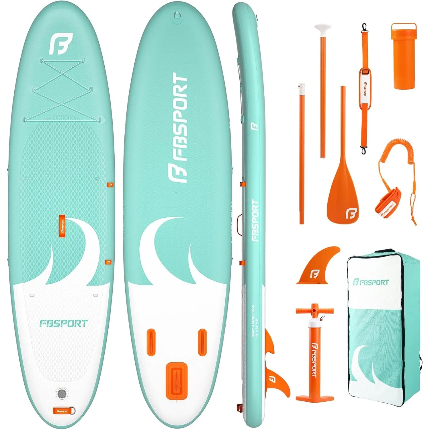 FBSPORT Stand up Paddling Board Surfbrett Surfboard SUP aufblasbar mit Pumpe 335x84x15 cm Tragetasche SUP Zubehör mit r…