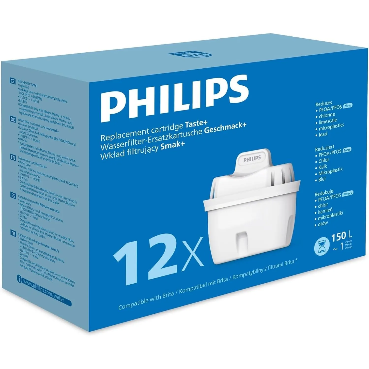 Philips Water Wasserfilter-Kartuschen Geschmack+, 12 er-Pack, reduziert MIKROPLASTIK, CHLOR, KALK, SCHWERMETALLE, Kompa…