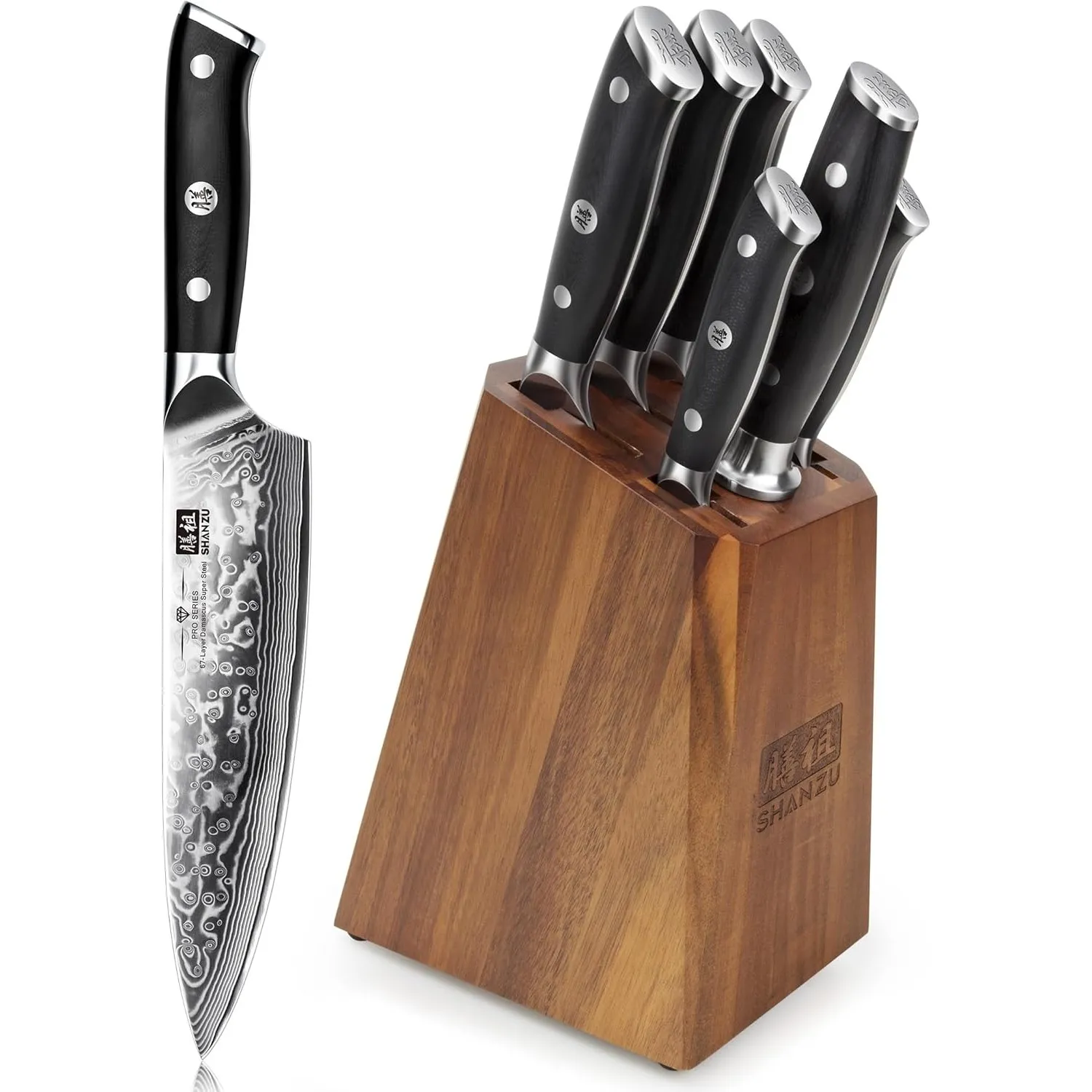 SHAN ZU Damast Messerblock Set 7-teilig, Messerset mit Holzblock