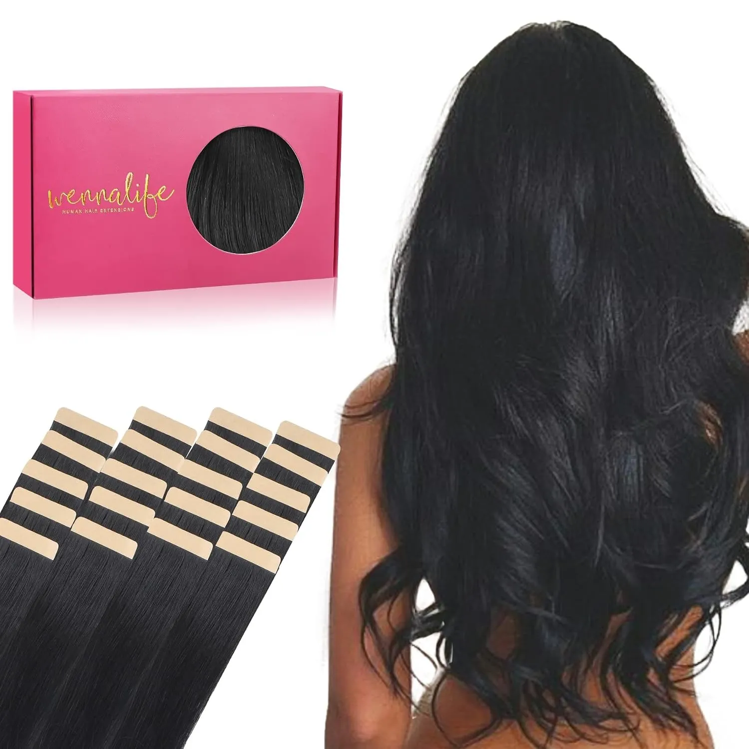 WENNALIFE Tape Extensions Echthaar, 20pcs 50g 45cm 18 Zoll Tief Schwarz Remy Invisible Tape Extensions Seidig Gerade Ec…