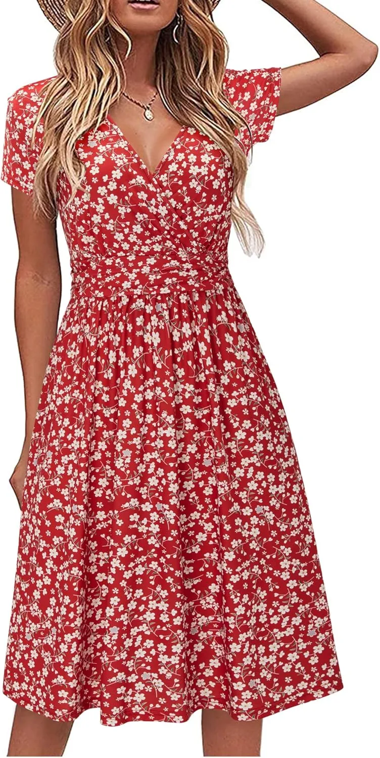 STYLEWORD Women's Summer Dress, Short Sleeve, V-Neck Dress, Floral Pattern, Wrap Dress with Pockets