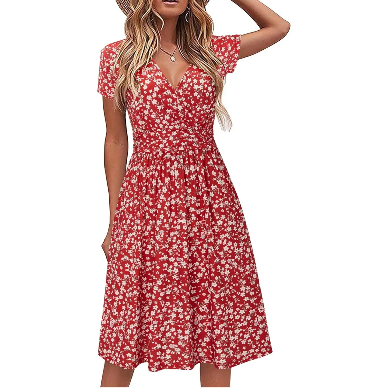 STYLEWORD Damen Sommerkleid Kurzarm V-Ausschnitt Kleider Blumenmuster Kleid Wickelkleid Mit Taschen