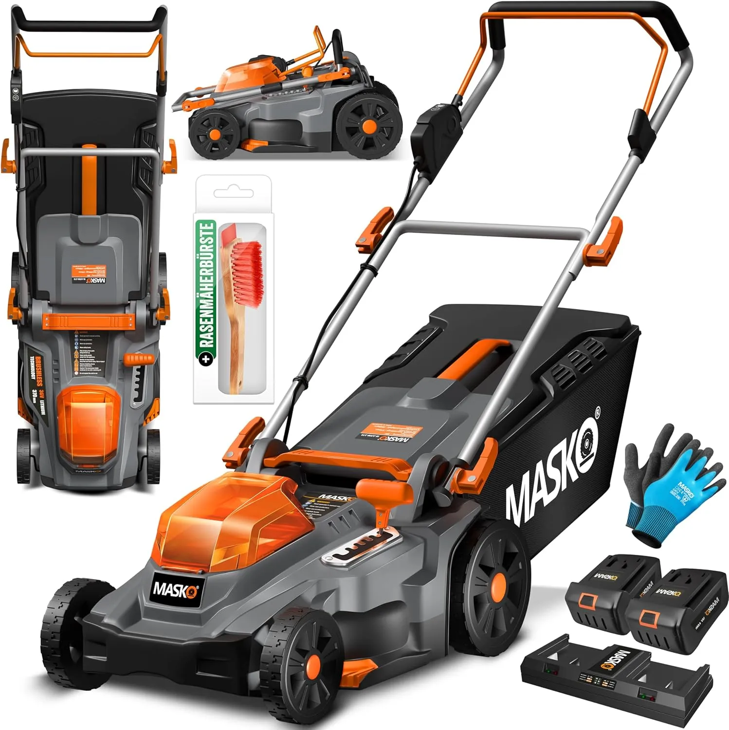 MASKO Battery Lawn Mower with Mulching Function, 2 x Batteries Li-Ion Battery 4Ah and Double Charger Grass Trimmer 37 c…