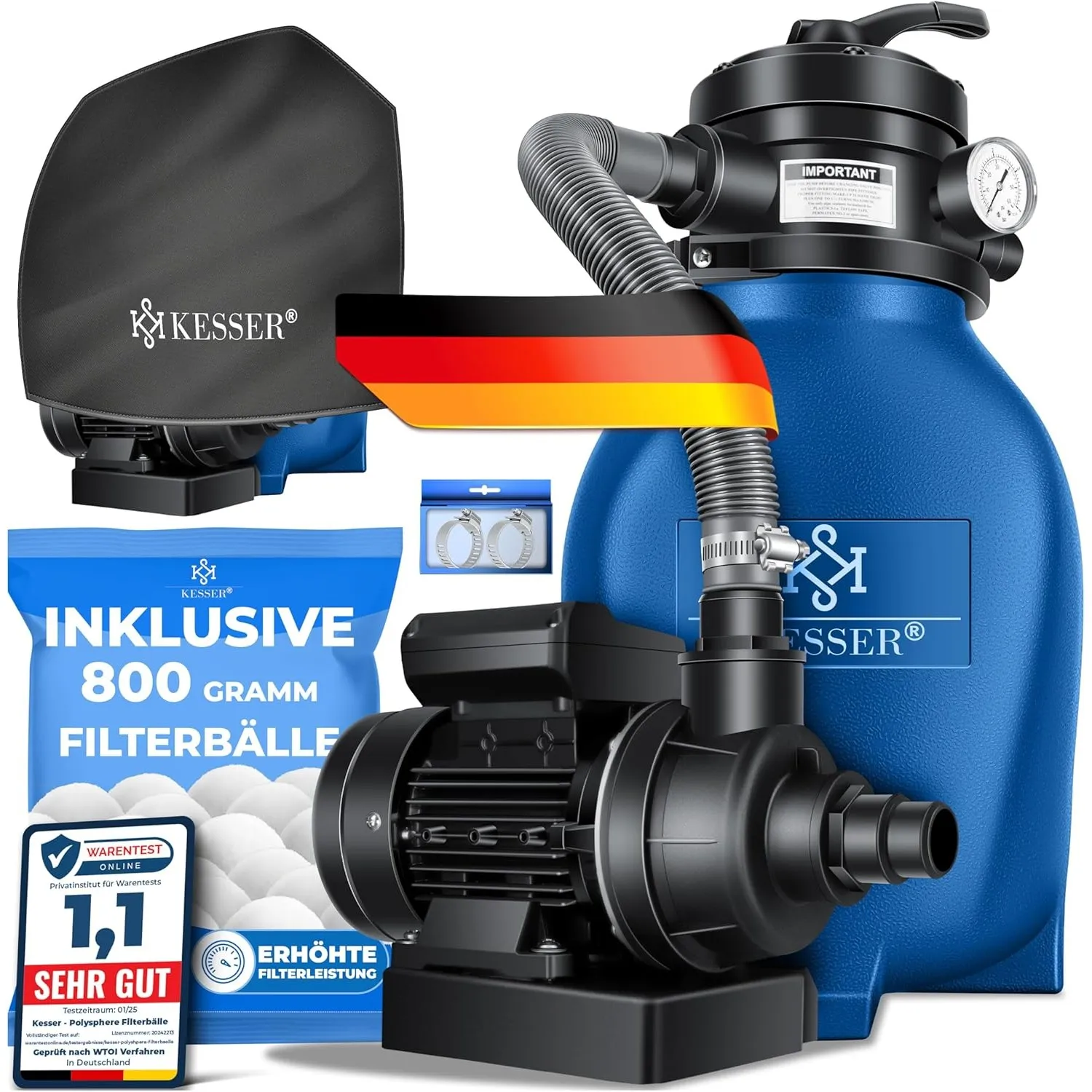 KESSER® Sandfilter Sandfilteranlage + 800g Filterbälle ersetzen 25kg Filtersand-Poolfilter 10 m³/h Filteranlage Filterk…