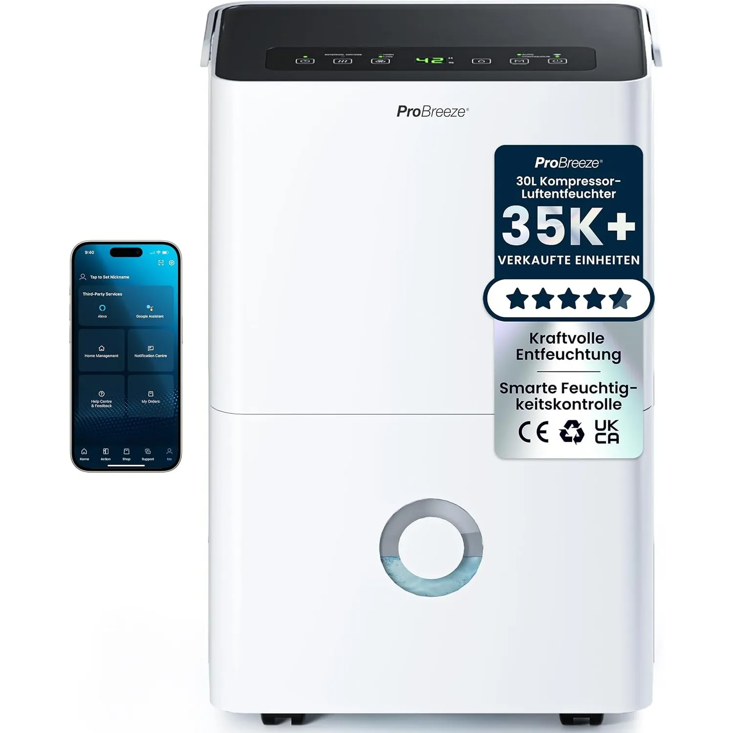 Pro Breeze Luftentfeuchter 30L in 24h Entfeuchtungsleistung - Elektrischer Luftentfeuchter mit WLAN & App - Feuchtigkei…