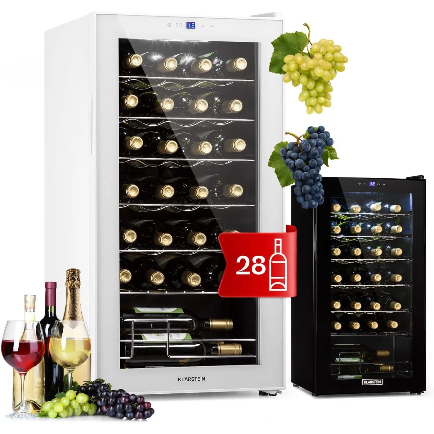 Klarstein Shiraz Weinkühlschrank Weiß – 28 Flaschen, 74 L, 1 Zone | Getränkekühlschrank mit Glastür, freistehend, leise…