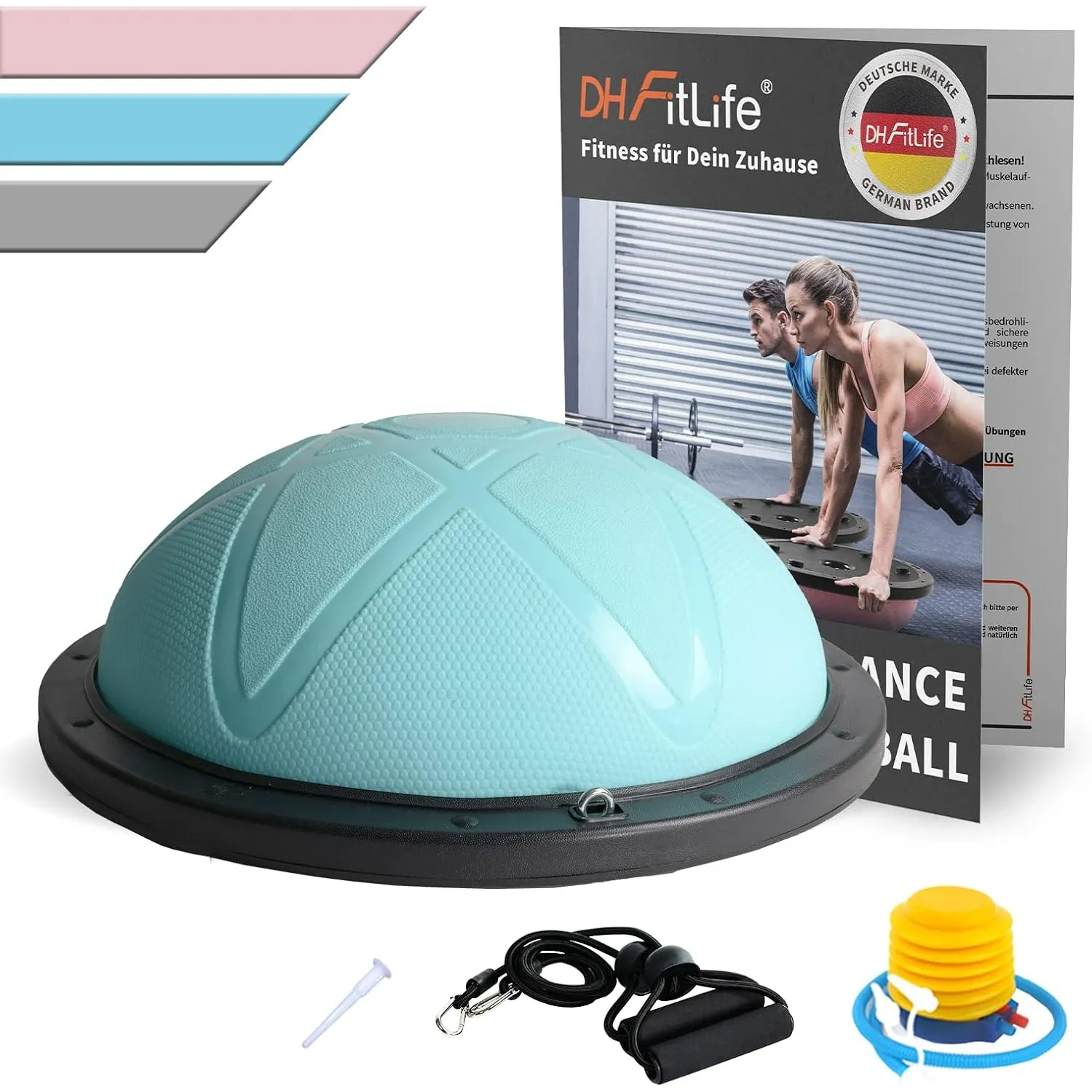 DH FitLife Balance Ball, Balance Board Halbkugel bis 200 kg, Ø 60 × 22 cm | Fitnessbänder & Pumpe inkl.｜Rutschfester Gy…