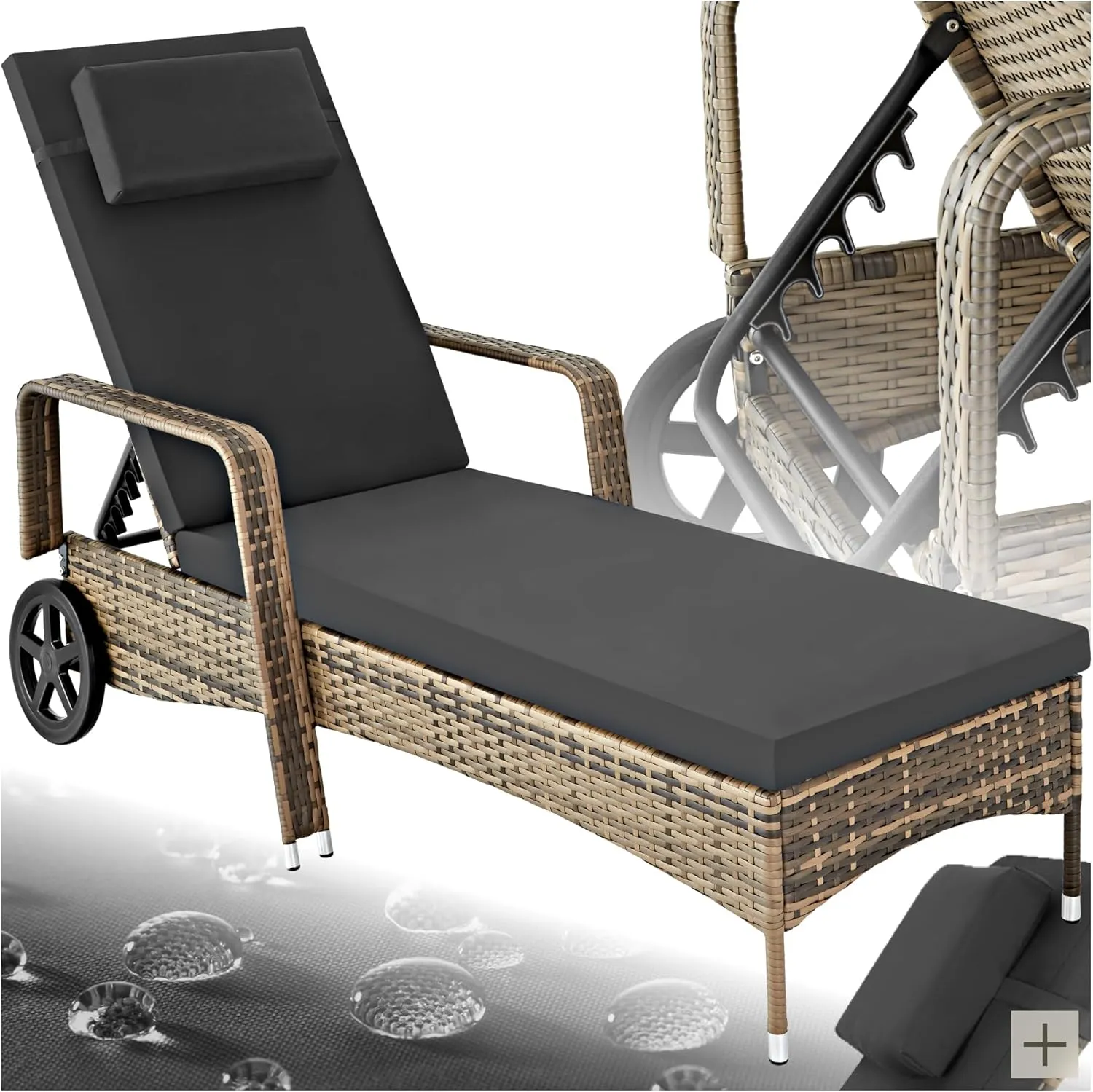 tectake Poly Rattan Garden Lounger with Wheels, 6-Way Height-Adjustable Deck Chair, Maximum Load 120 kg, Rattan Sun Lou…