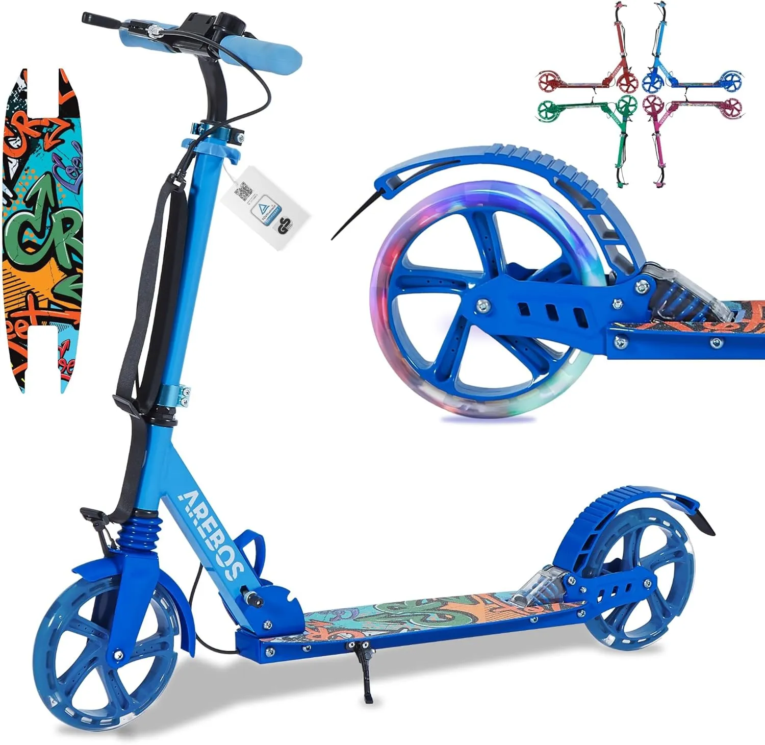 Arebos Cityroller Tretroller mit LED | höhenverstellbar | klappbar | inkl. Tragegurt | Hand- & Trittbremse | für Kinder…
